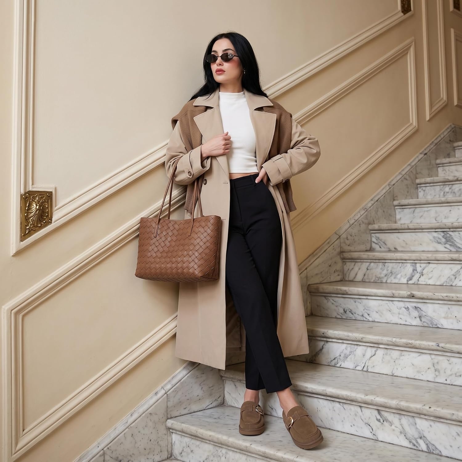 image:imageCUSHIONAIRE Origin Genuine Suede Mule Clogs for Women Cozy SlipOn Moc Toe Loafer with Buckle and Faux Fur Cushioned FootbedBrown