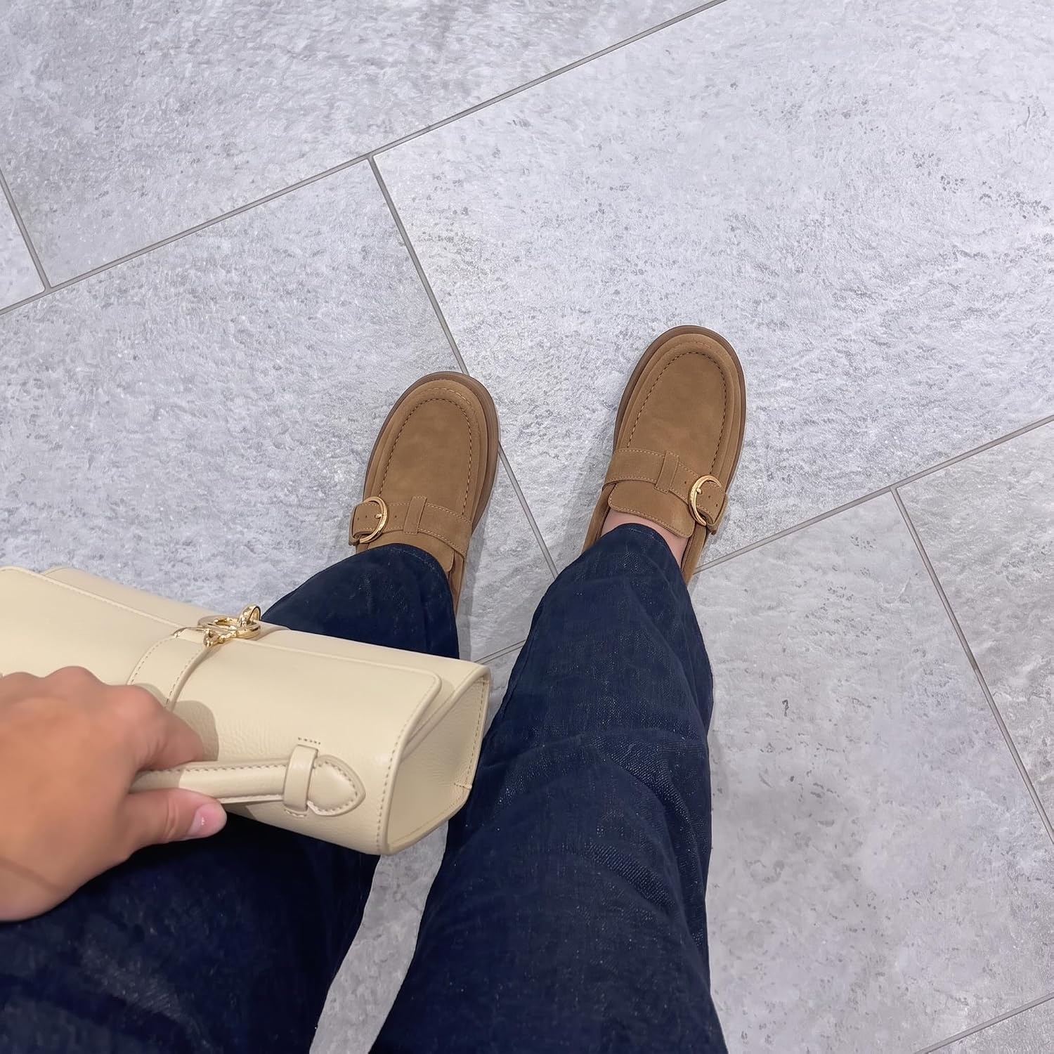 image:imageCUSHIONAIRE Origin Genuine Suede Mule Clogs for Women Cozy SlipOn Moc Toe Loafer with Buckle and Faux Fur Cushioned FootbedBrown