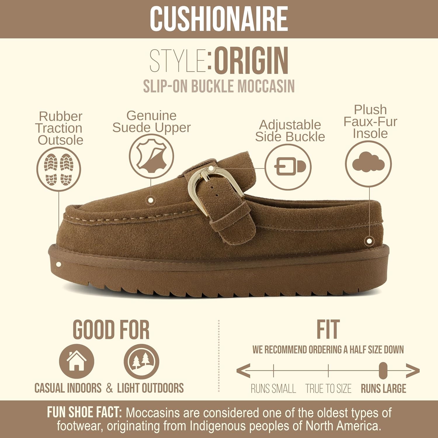 image:imageCUSHIONAIRE Origin Genuine Suede Mule Clogs for Women Cozy SlipOn Moc Toe Loafer with Buckle and Faux Fur Cushioned FootbedBrown