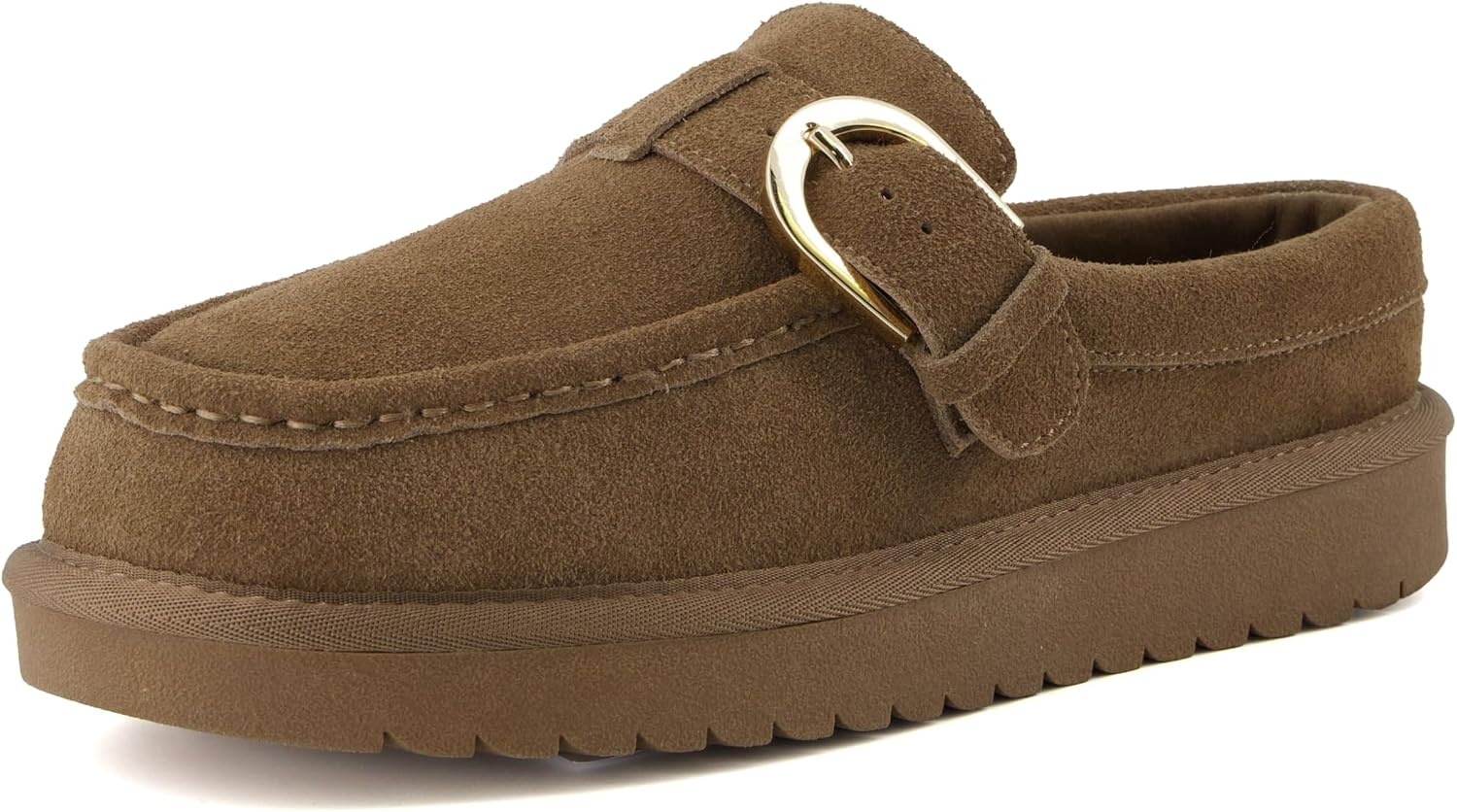 image:imageCUSHIONAIRE Origin Genuine Suede Mule Clogs for Women Cozy SlipOn Moc Toe Loafer with Buckle and Faux Fur Cushioned FootbedBrown
