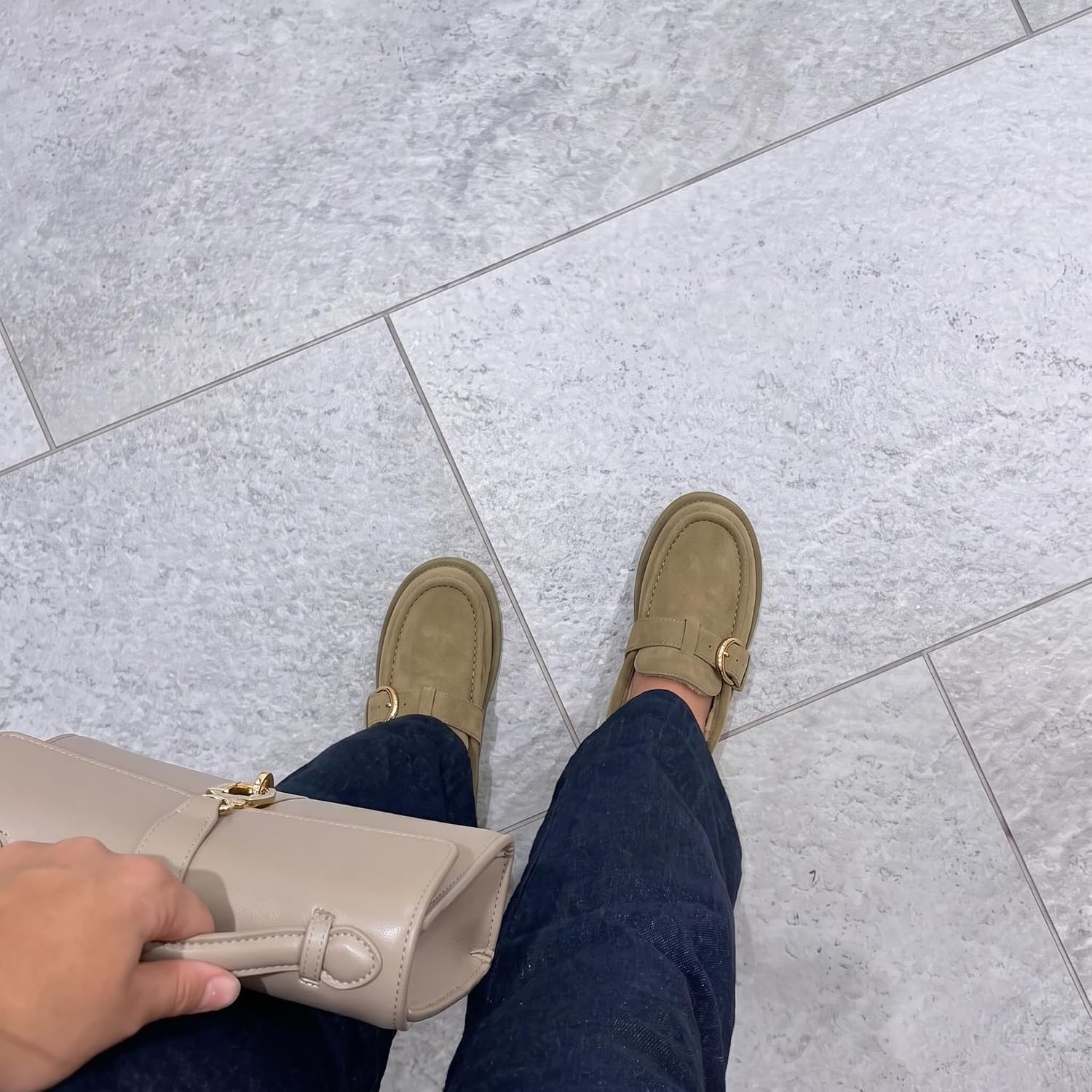 image:imageCUSHIONAIRE Origin Genuine Suede Mule Clogs for Women Cozy SlipOn Moc Toe Loafer with Buckle and Faux Fur Cushioned FootbedMoss