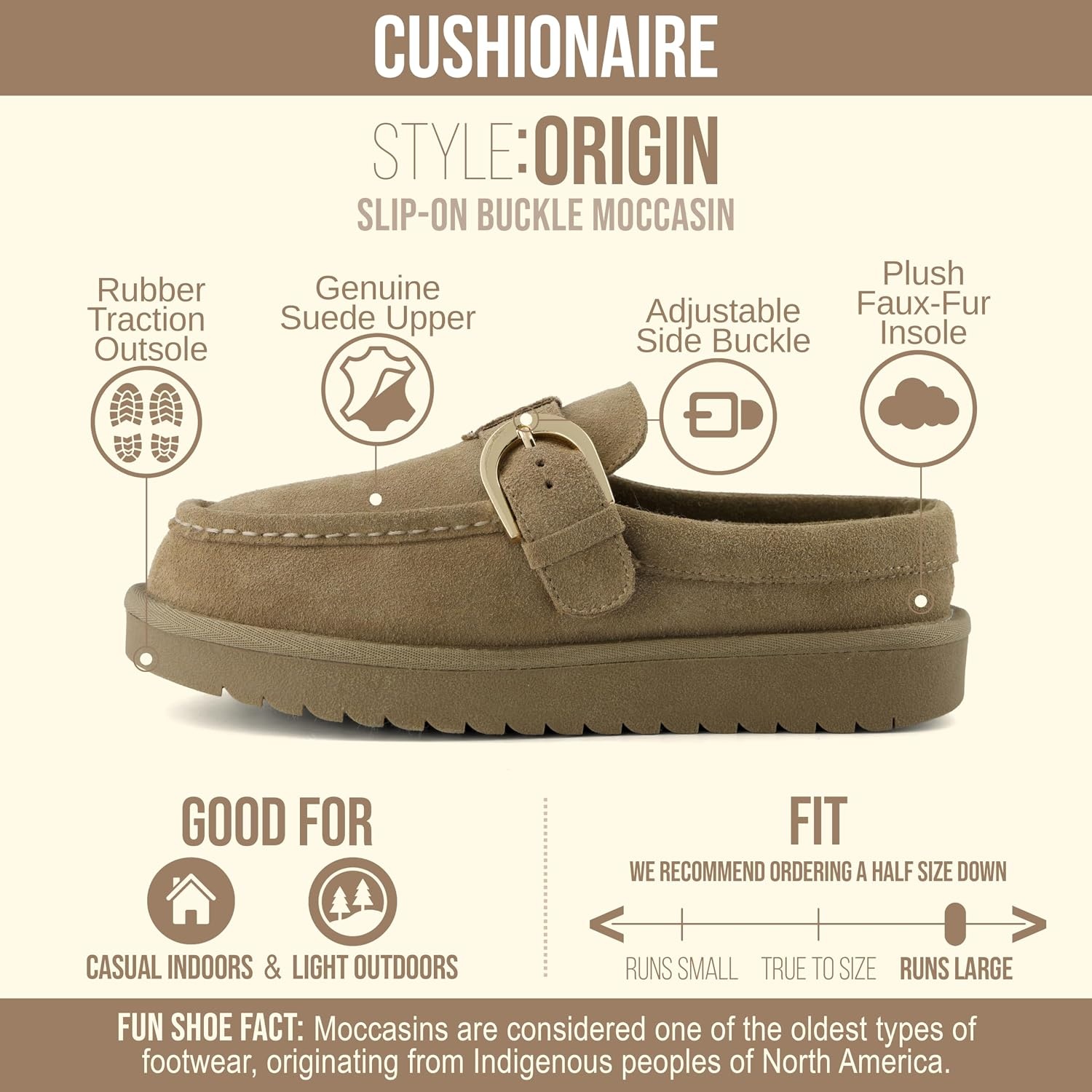 image:imageCUSHIONAIRE Origin Genuine Suede Mule Clogs for Women Cozy SlipOn Moc Toe Loafer with Buckle and Faux Fur Cushioned FootbedMoss