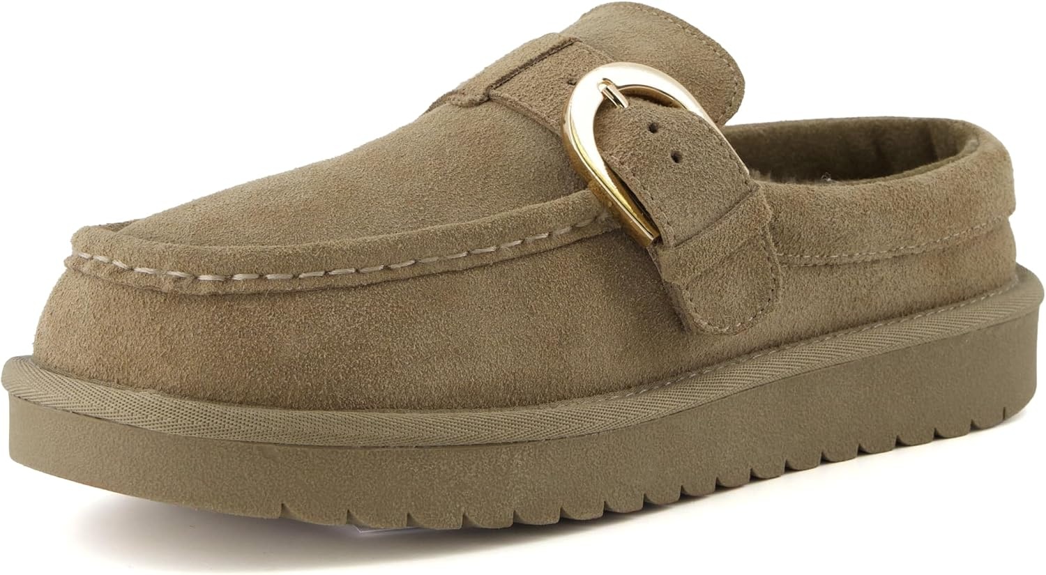 image:imageCUSHIONAIRE Origin Genuine Suede Mule Clogs for Women Cozy SlipOn Moc Toe Loafer with Buckle and Faux Fur Cushioned FootbedMoss