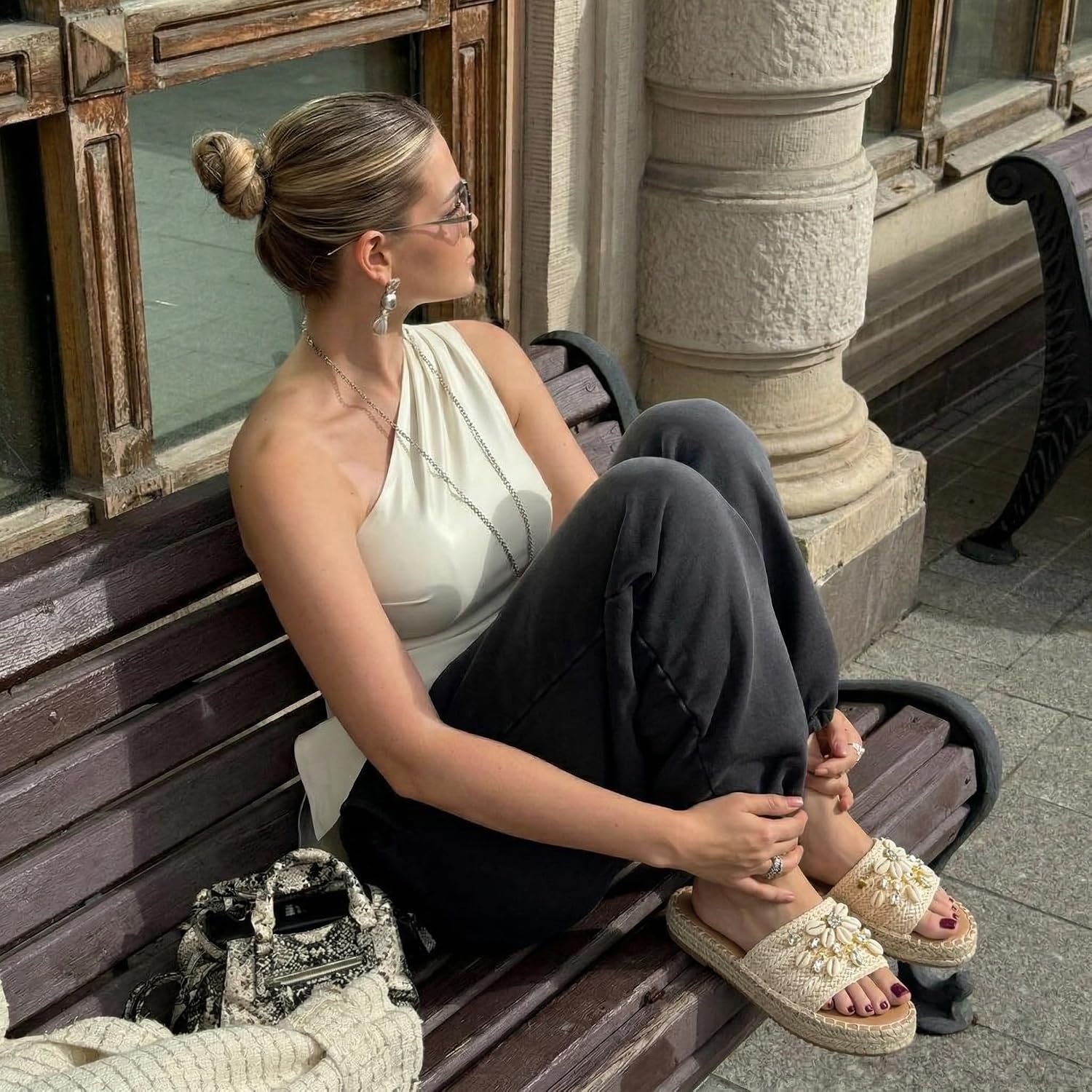 image:imageCUSHIONAIRE Playa Espadrille Platform Sandals for Women Decorative Shell Embellishment and Boho Woven Detail Womens SlidesNatural
