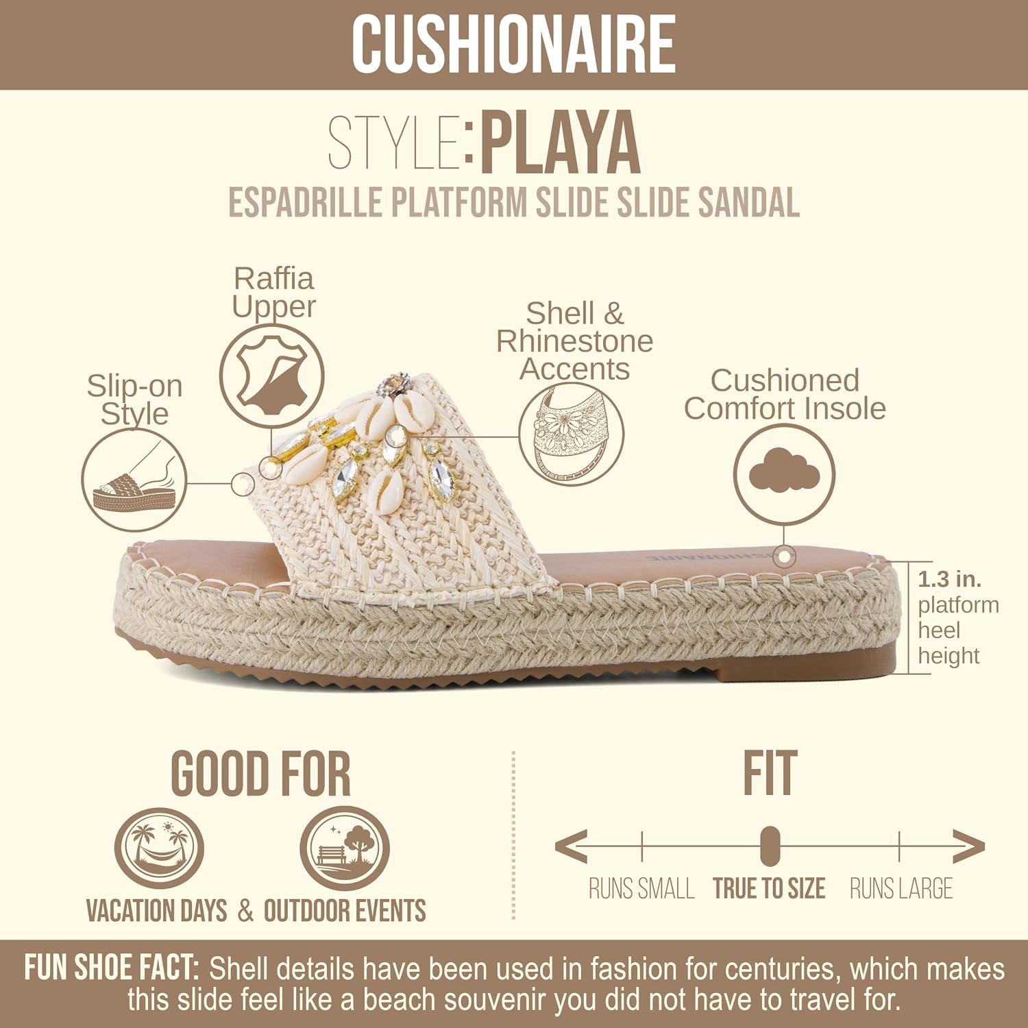 image:imageCUSHIONAIRE Playa Espadrille Platform Sandals for Women Decorative Shell Embellishment and Boho Woven Detail Womens SlidesNatural