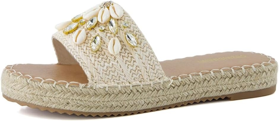 image:imageCUSHIONAIRE Playa Espadrille Platform Sandals for Women Decorative Shell Embellishment and Boho Woven Detail Womens SlidesNatural