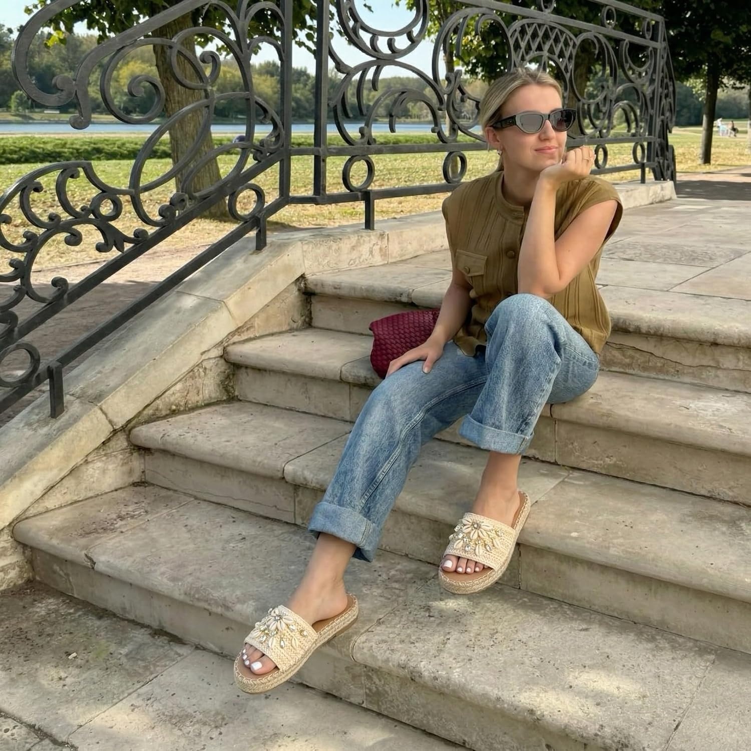 image:imageCUSHIONAIRE Playa Espadrille Platform Sandals for Women Decorative Shell Embellishment and Boho Woven Detail Womens SlidesNatural