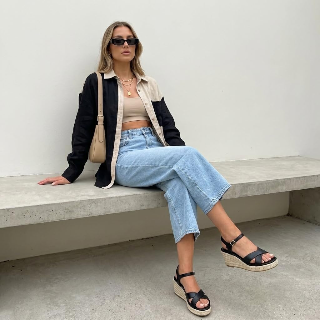 image:imageCUSHIONAIRE Prego Espadrille Wedge Sandals for Women Crisscross Open Toe Wedge Heels with Adjustable Ankle StrapBlack