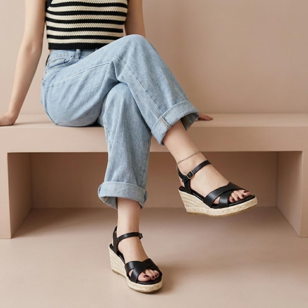 image:imageCUSHIONAIRE Prego Espadrille Wedge Sandals for Women Crisscross Open Toe Wedge Heels with Adjustable Ankle StrapBlack