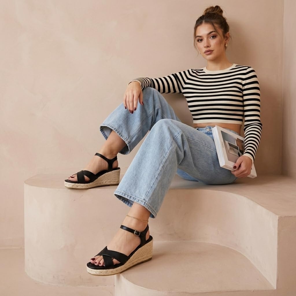 image:imageCUSHIONAIRE Prego Espadrille Wedge Sandals for Women Crisscross Open Toe Wedge Heels with Adjustable Ankle StrapBlack