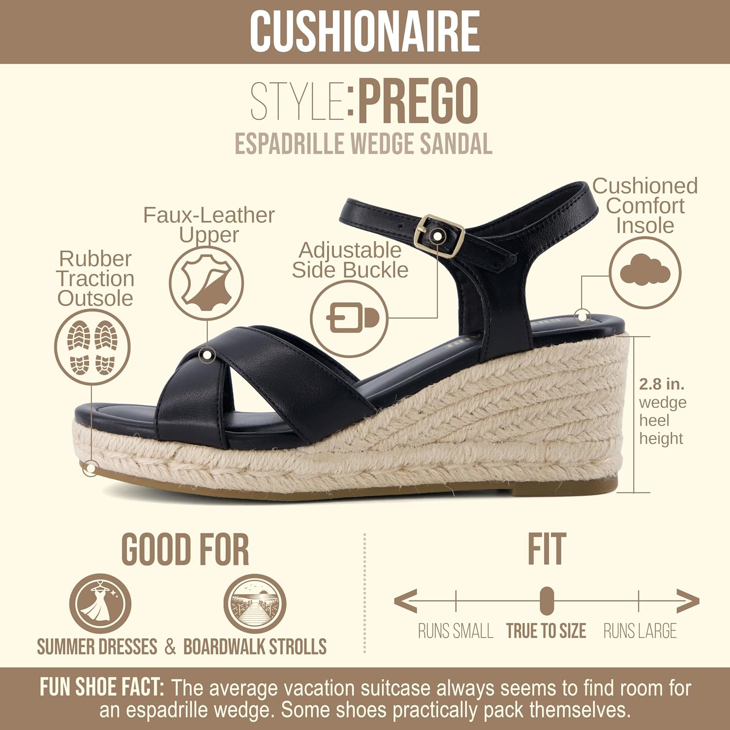 image:imageCUSHIONAIRE Prego Espadrille Wedge Sandals for Women Crisscross Open Toe Wedge Heels with Adjustable Ankle StrapBlack