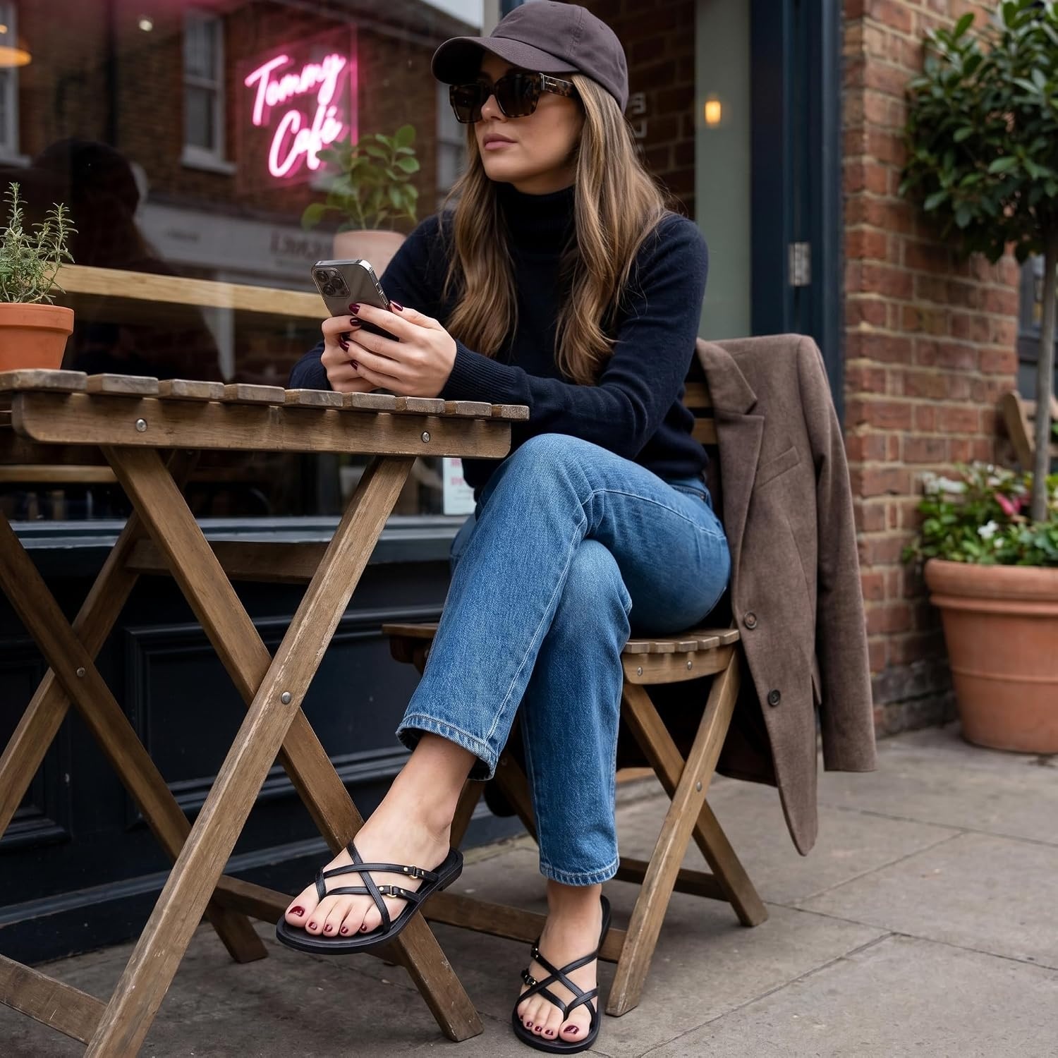 image:imageCUSHIONAIRE Raz Thong Strappy Sandals for Women Minimalist Flat Sandals with Decorative Ring AccentsBlack