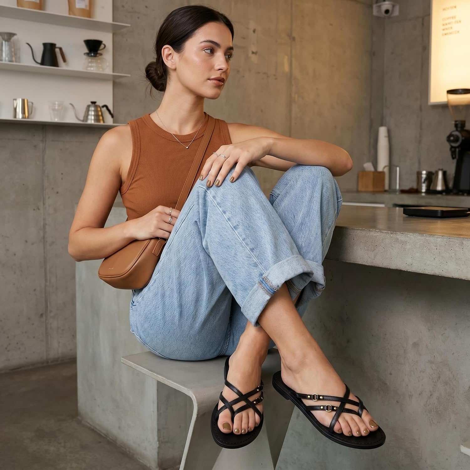image:imageCUSHIONAIRE Raz Thong Strappy Sandals for Women Minimalist Flat Sandals with Decorative Ring AccentsBlack