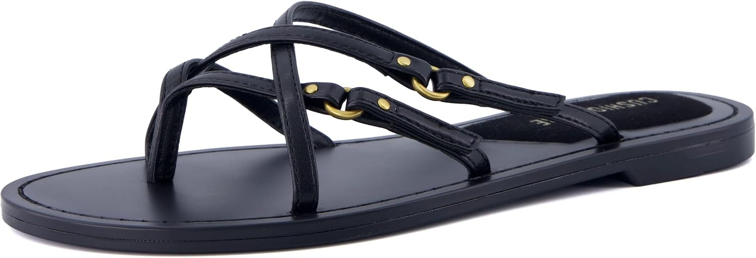 image:imageCUSHIONAIRE Raz Thong Strappy Sandals for Women Minimalist Flat Sandals with Decorative Ring AccentsBlack