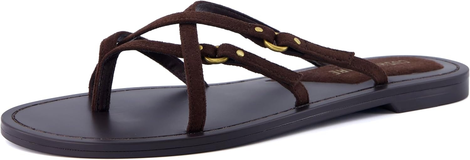 image:imageCUSHIONAIRE Raz Thong Strappy Sandals for Women Minimalist Flat Sandals with Decorative Ring AccentsChocolate