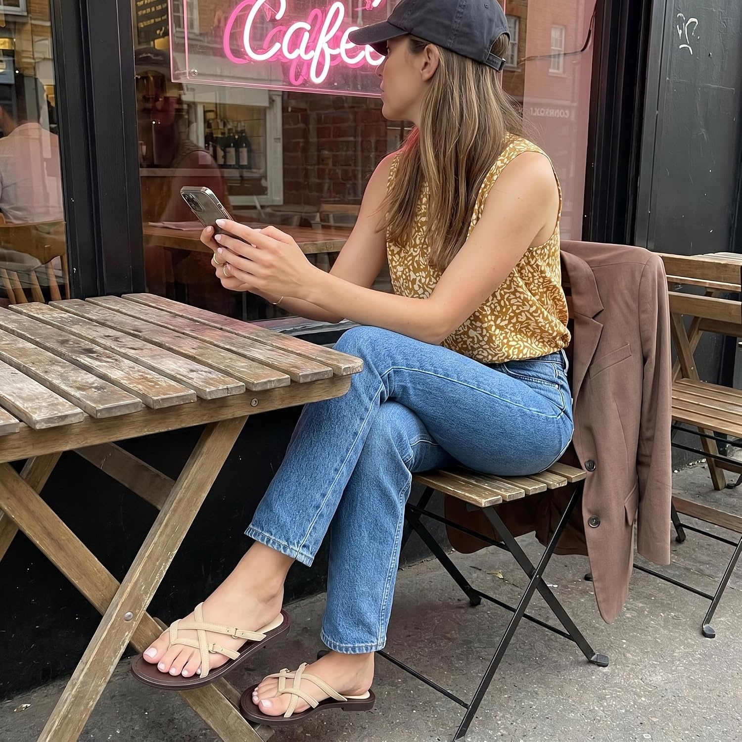 image:imageCUSHIONAIRE Raz Thong Strappy Sandals for Women Minimalist Flat Sandals with Decorative Ring AccentsSand