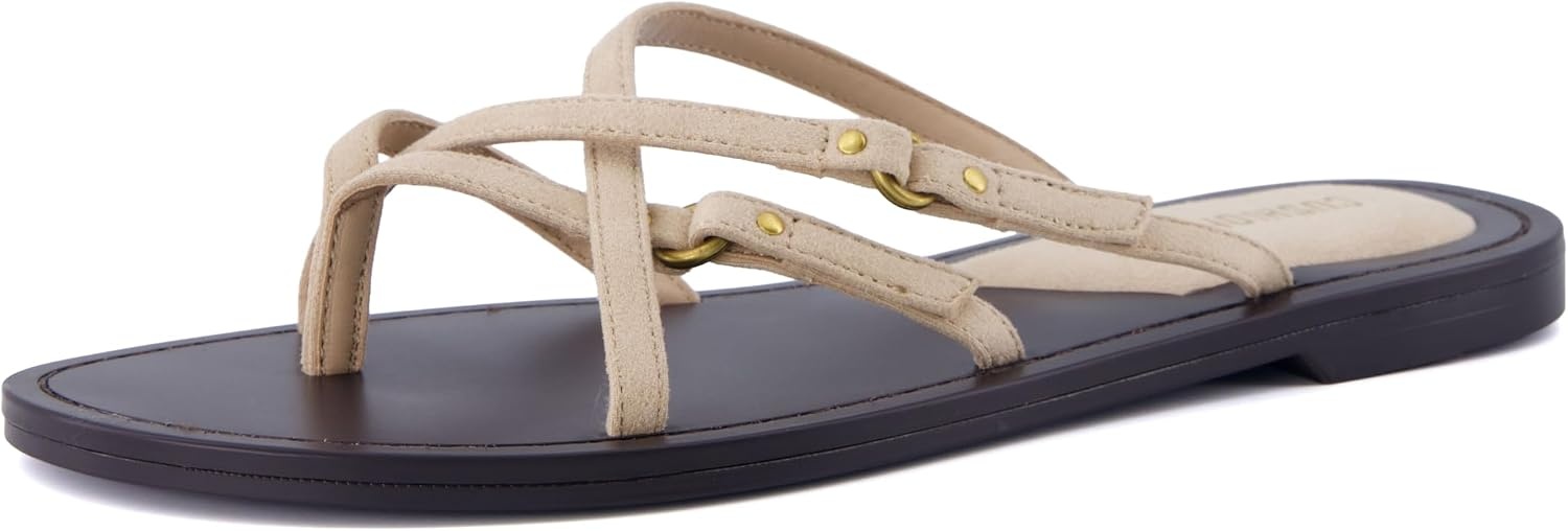 image:imageCUSHIONAIRE Raz Thong Strappy Sandals for Women Minimalist Flat Sandals with Decorative Ring AccentsSand