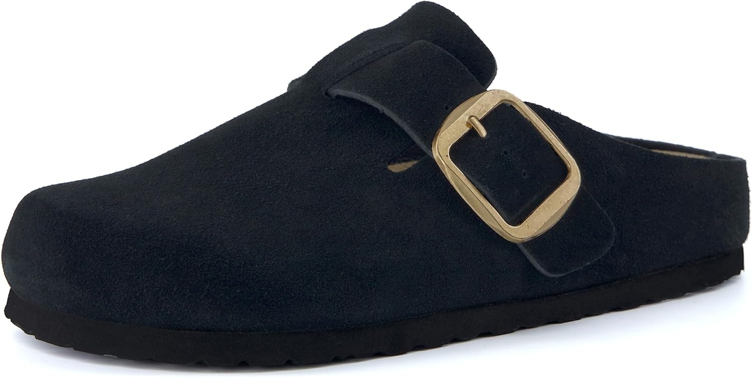 image:imageCUSHIONAIRE Rusty Genuine Leather Clogs for Women Comfortable Slip On Womens Shoes with Adjustable Buckle and Soft Memory FoamBlack