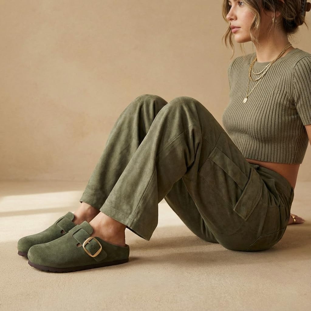 image:imageCUSHIONAIRE Rusty Genuine Leather Clogs for Women Comfortable Slip On Womens Shoes with Adjustable Buckle and Soft Memory FoamKhaki