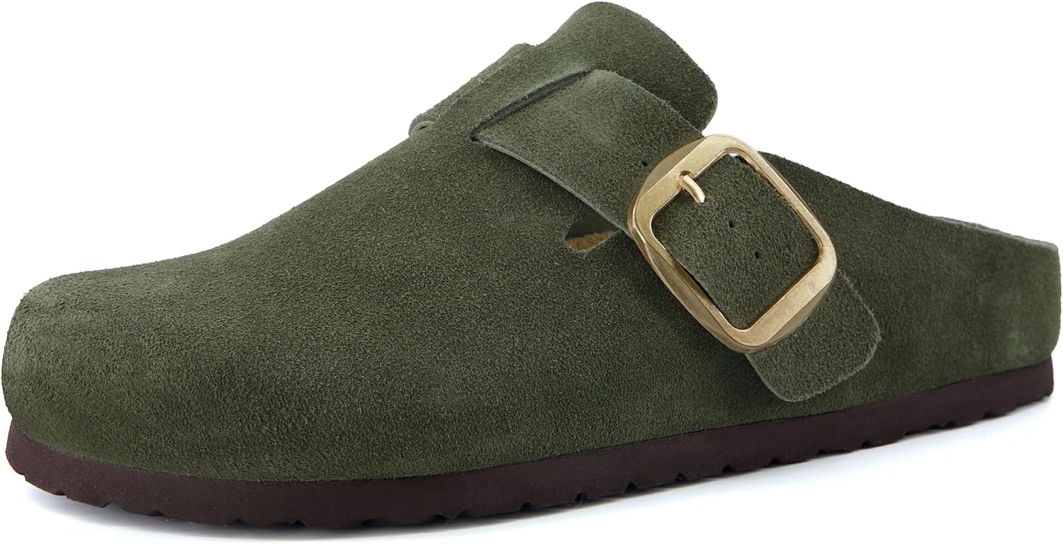 image:imageCUSHIONAIRE Rusty Genuine Leather Clogs for Women Comfortable Slip On Womens Shoes with Adjustable Buckle and Soft Memory FoamKhaki