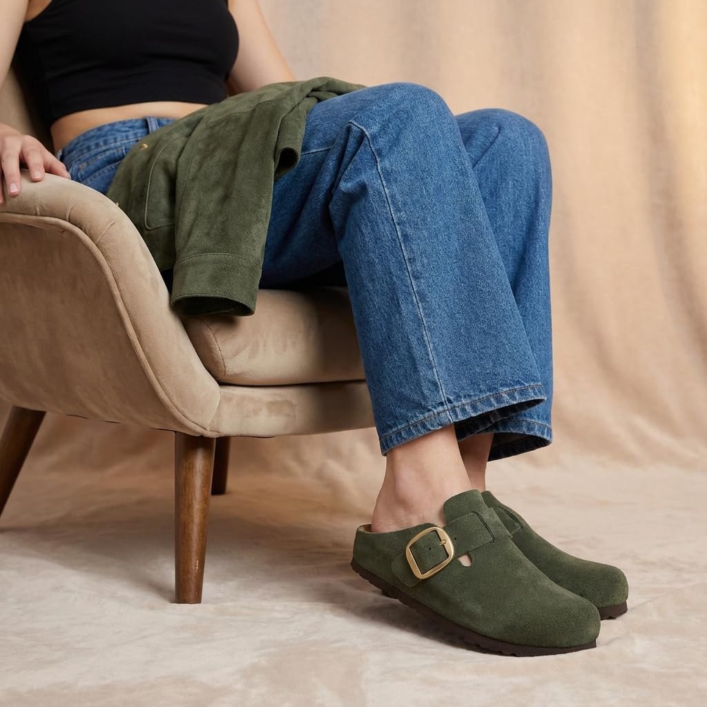 image:imageCUSHIONAIRE Rusty Genuine Leather Clogs for Women Comfortable Slip On Womens Shoes with Adjustable Buckle and Soft Memory FoamKhaki
