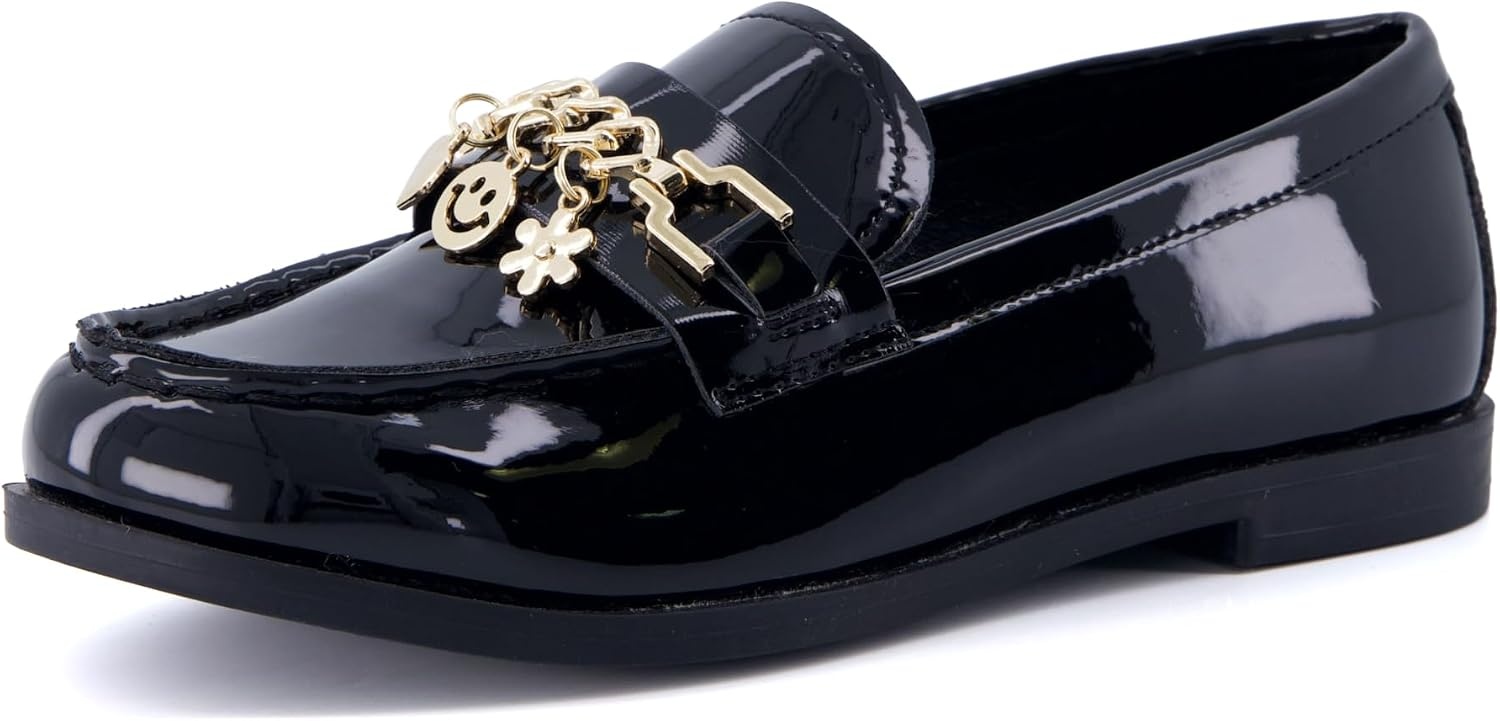 image:imageCUSHIONAIRE Rye Kids Dress Shoes Penny Loafers for Kids with Charm ChainBlack Patent