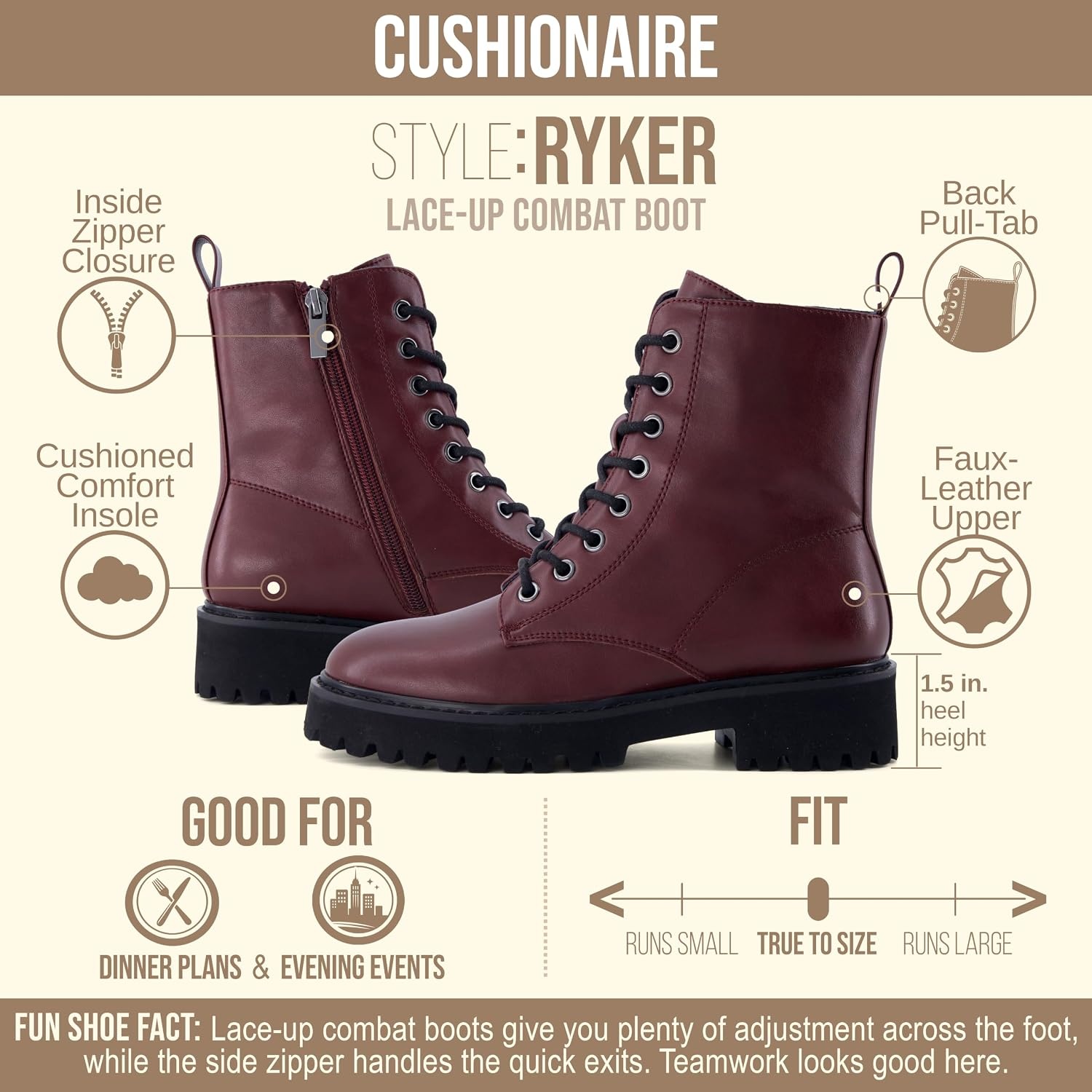 image:imageCUSHIONAIRE Ryker Vegan Leather Combat Boots for Women with Side ZipperBurgundy