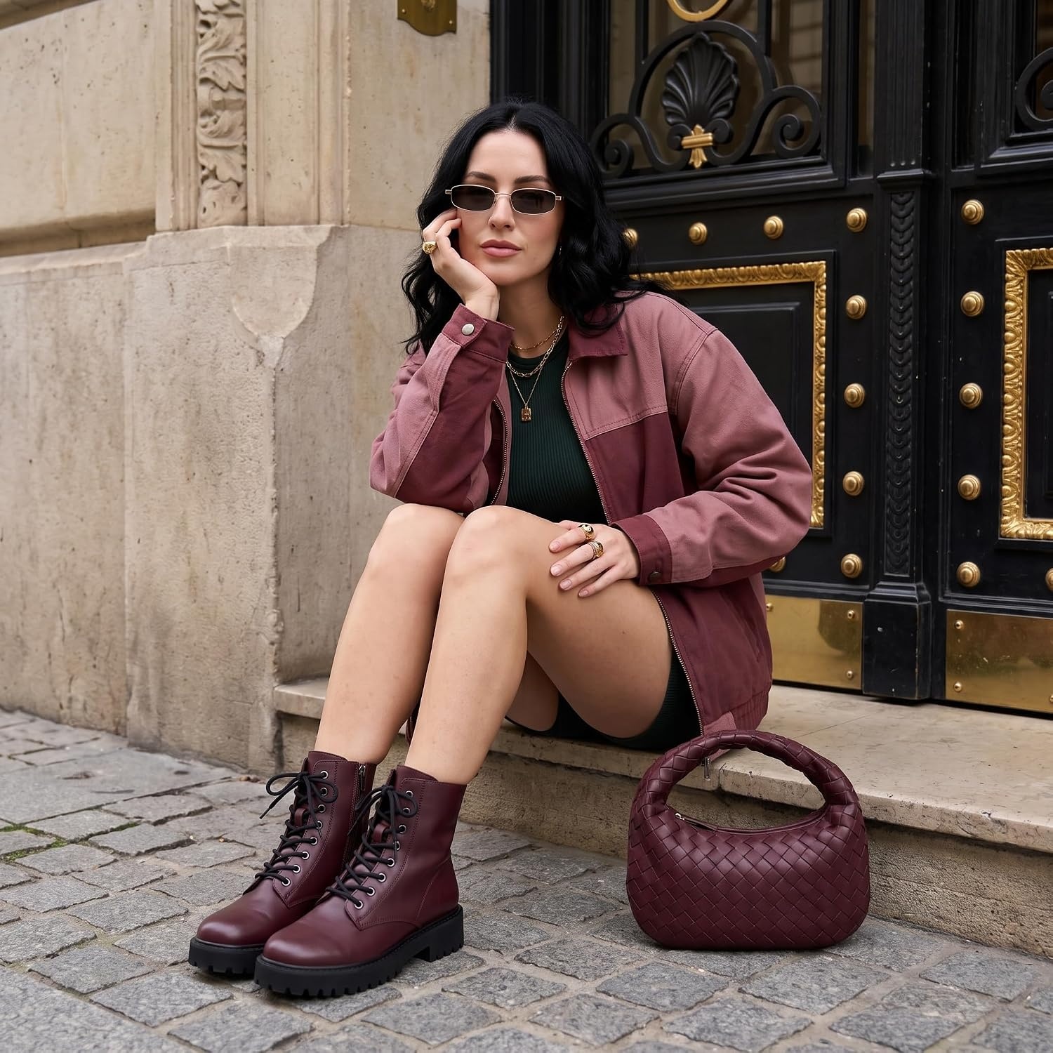 image:imageCUSHIONAIRE Ryker Vegan Leather Combat Boots for Women with Side ZipperBurgundy