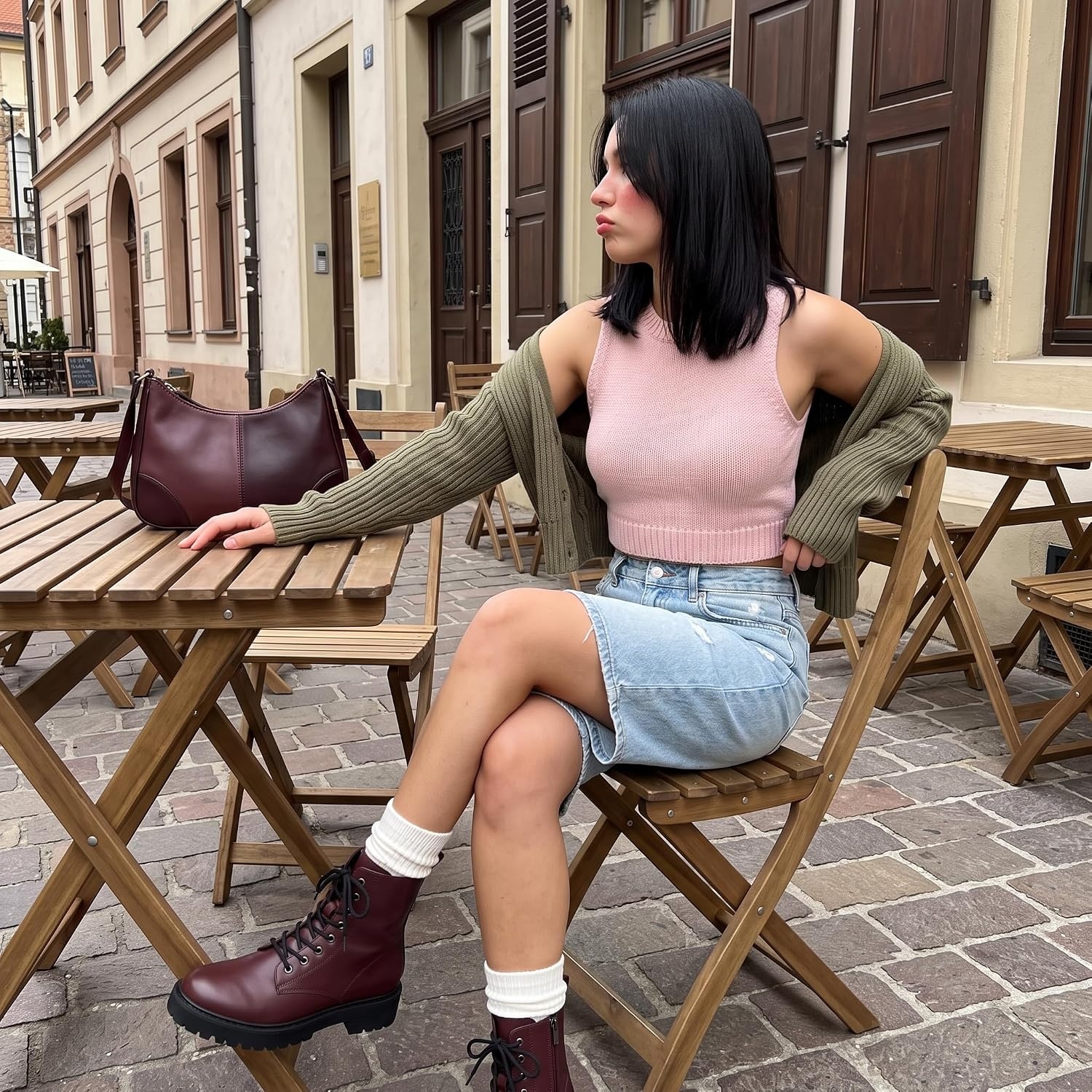 image:imageCUSHIONAIRE Ryker Vegan Leather Combat Boots for Women with Side ZipperBurgundy