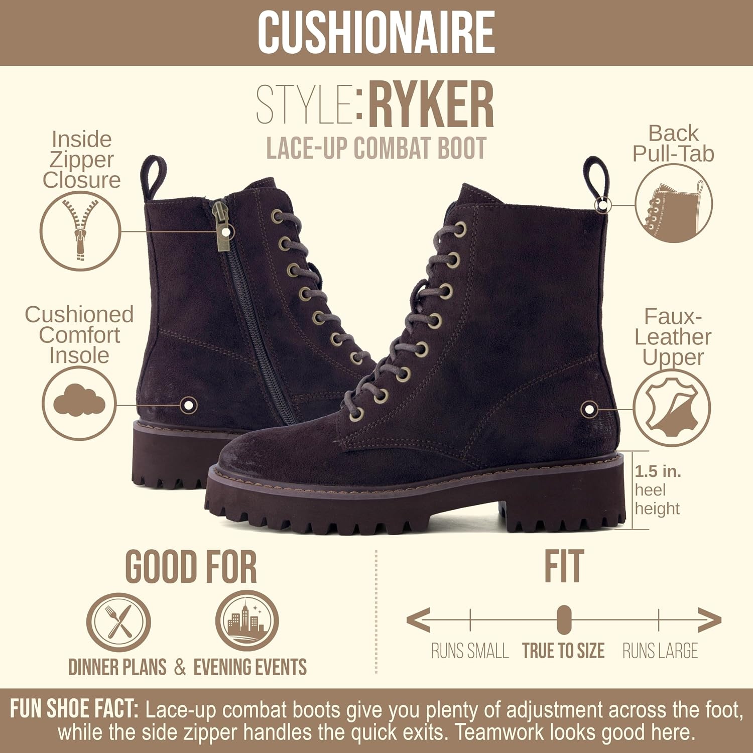 image:imageCUSHIONAIRE Ryker Vegan Leather Combat Boots for Women with Side ZipperCoffee