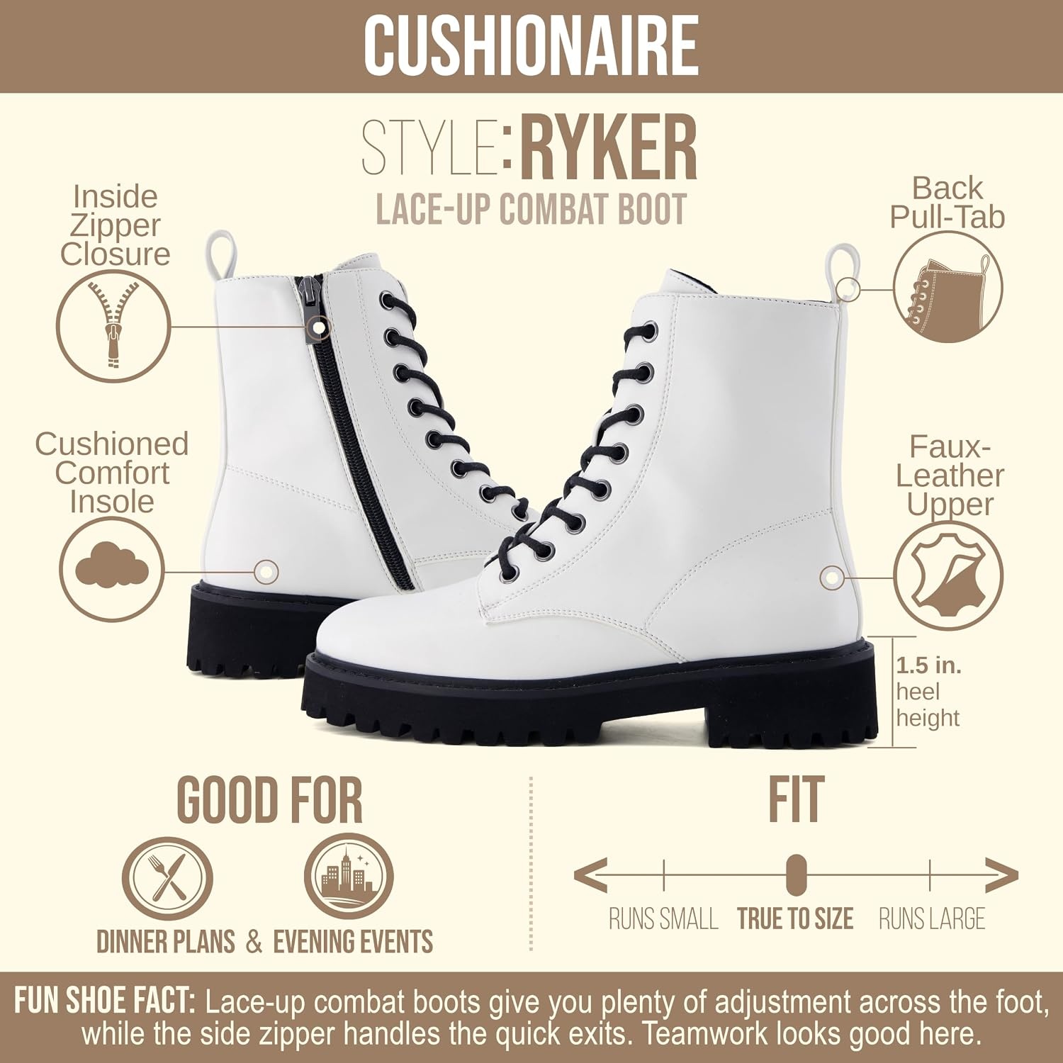 image:imageCUSHIONAIRE Ryker Vegan Leather Combat Boots for Women with Side ZipperWhite