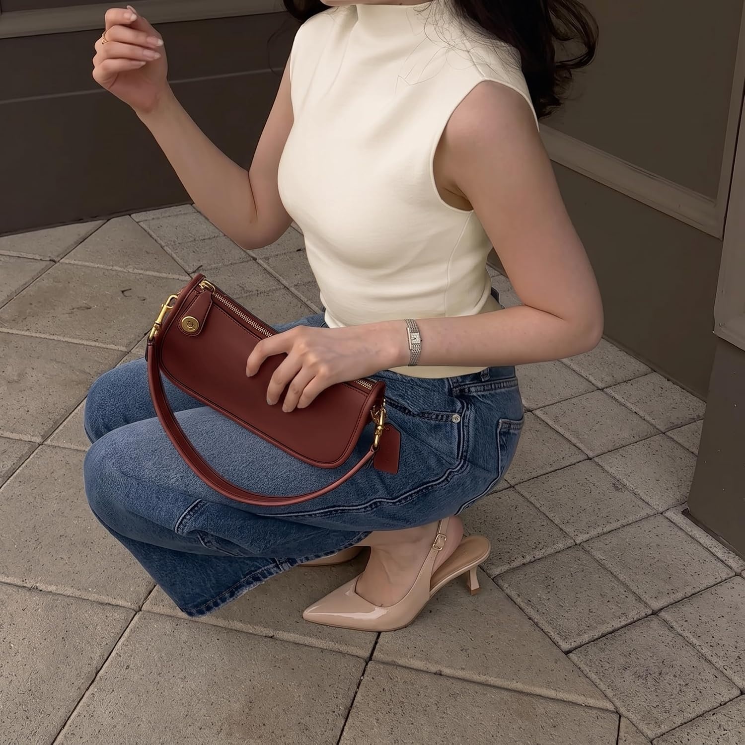 image:imageCUSHIONAIRE Saby Slingback Kitten Heels for Women Pointed Toe Pumps with Adjustable Ankle Strap for Casual Dressy WearNude