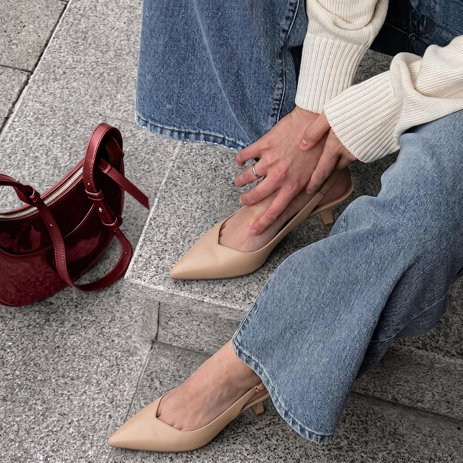 image:imageCUSHIONAIRE Saby Slingback Kitten Heels for Women Pointed Toe Pumps with Adjustable Ankle Strap for Casual Dressy WearNude Smooth
