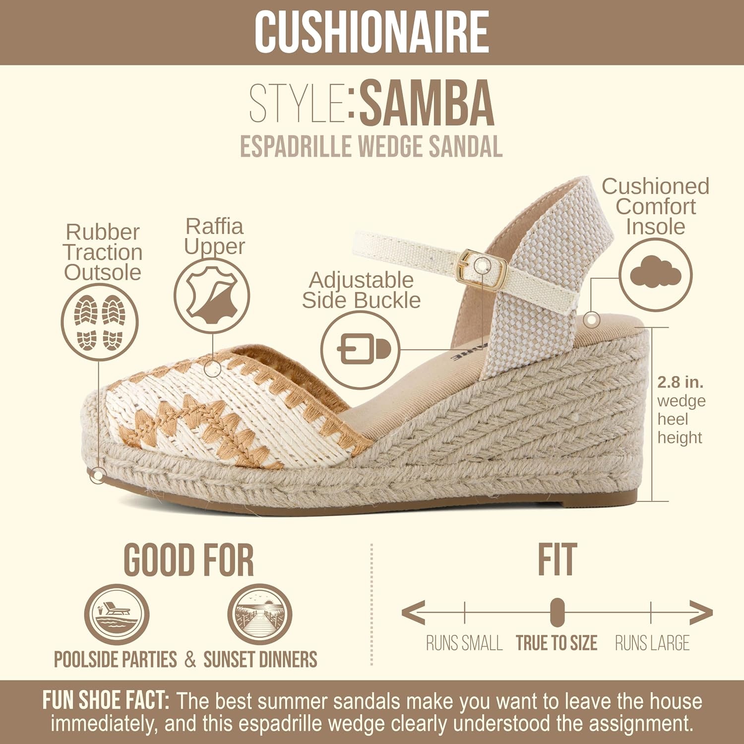 image:imageCUSHIONAIRE Samba Raffia Espadrilles for Women Closed Toe Wedges with Adjustable Ankle Strap and Comfort FootbedBeige