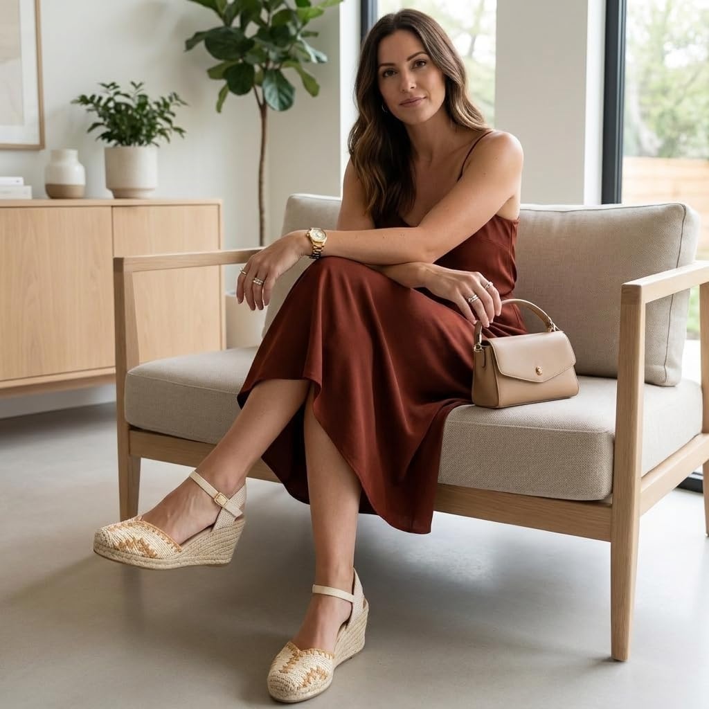 image:imageCUSHIONAIRE Samba Raffia Espadrilles for Women Closed Toe Wedges with Adjustable Ankle Strap and Comfort FootbedBeige