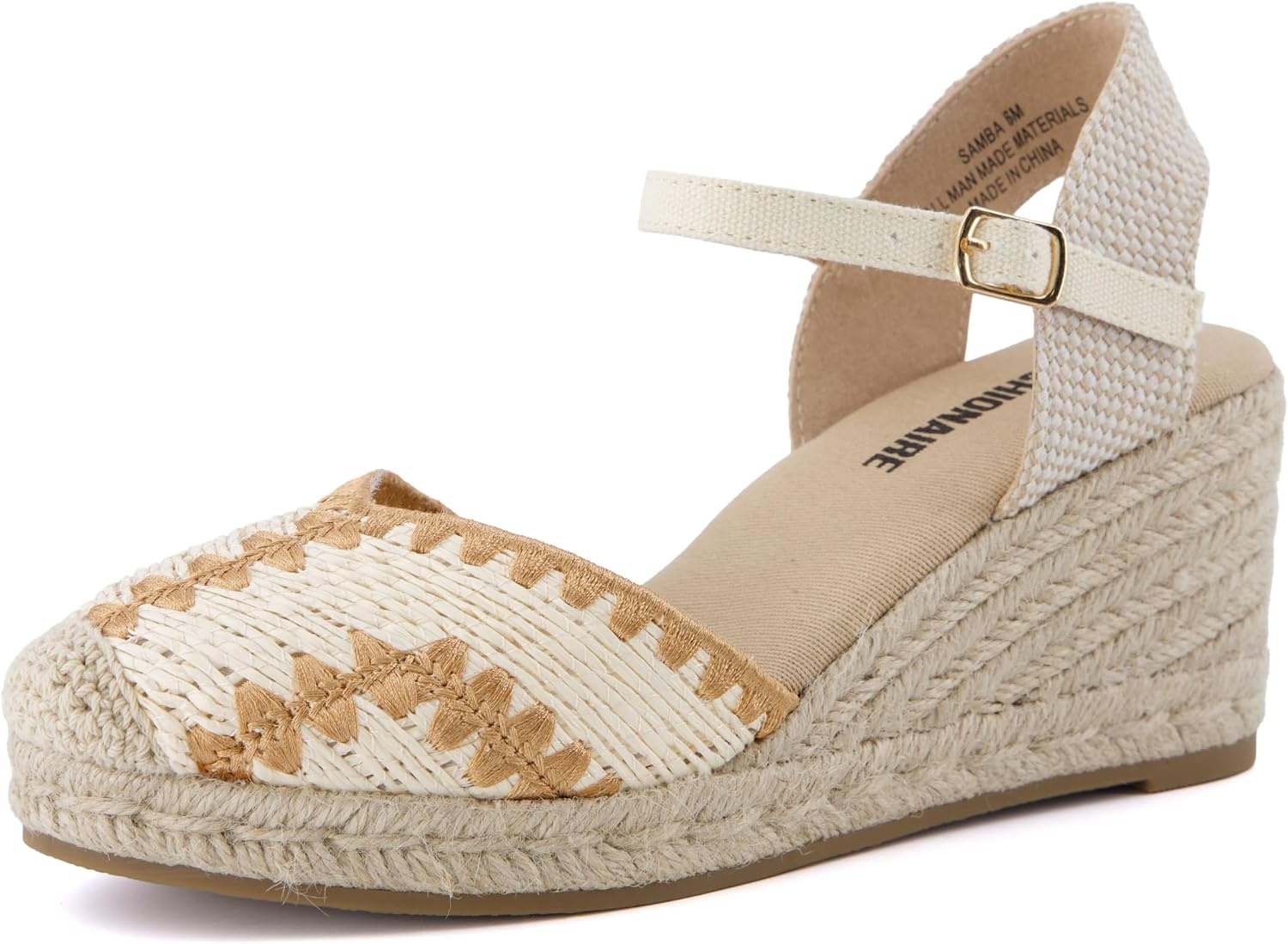 image:imageCUSHIONAIRE Samba Raffia Espadrilles for Women Closed Toe Wedges with Adjustable Ankle Strap and Comfort FootbedBeige