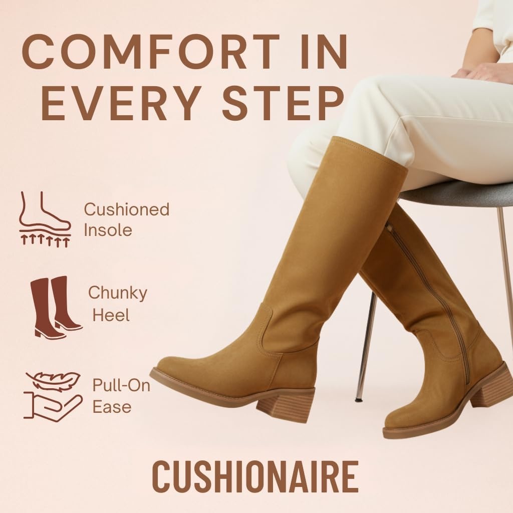 image:imageCUSHIONAIRE Sawyer Genuine Leather Tall Chunky Heel Womens Boots Pull On Casual Knee High Boots for WomenCamel