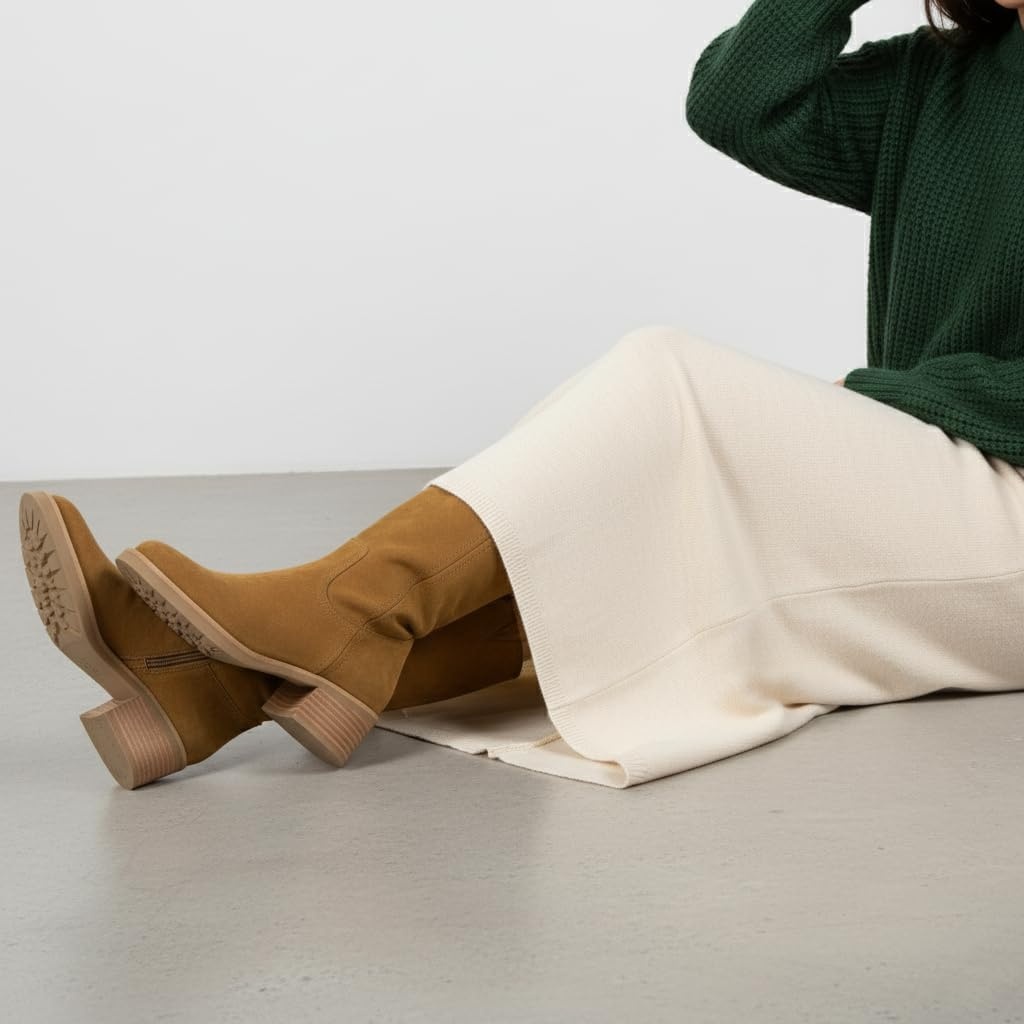 image:imageCUSHIONAIRE Sawyer Genuine Leather Tall Chunky Heel Womens Boots Pull On Casual Knee High Boots for WomenCamel