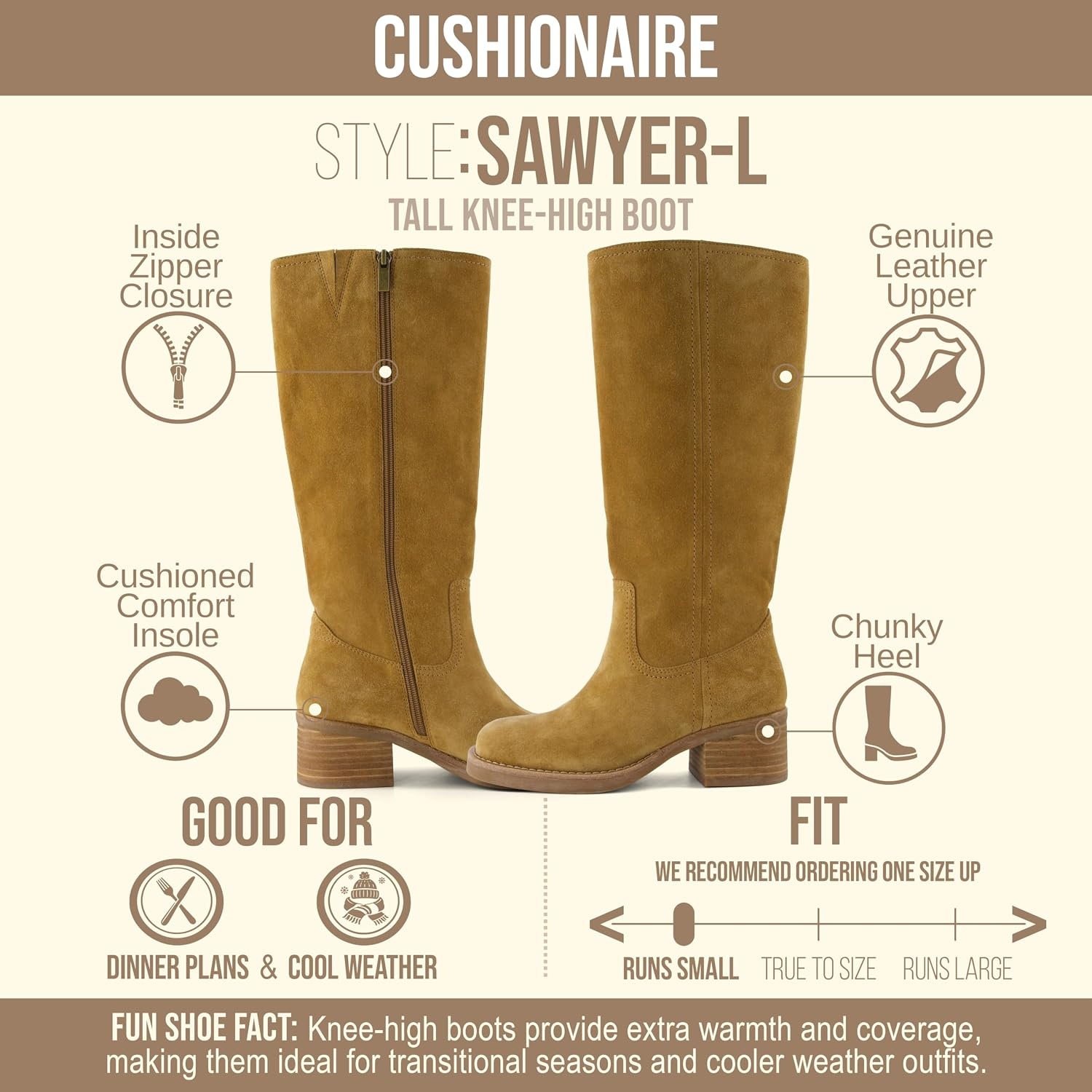 image:imageCUSHIONAIRE Sawyer Genuine Leather Tall Chunky Heel Womens Boots Pull On Casual Knee High Boots for WomenCamel