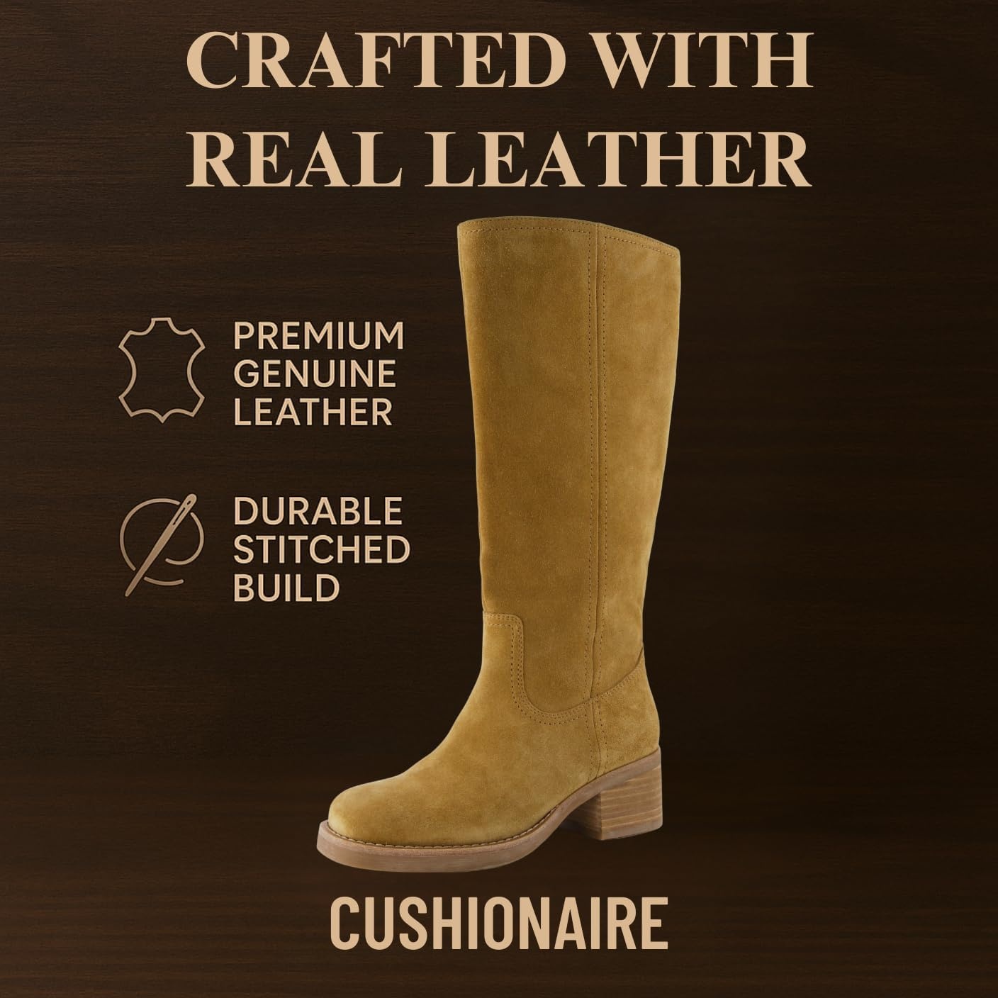 image:imageCUSHIONAIRE Sawyer Genuine Leather Tall Chunky Heel Womens Boots Pull On Casual Knee High Boots for WomenCamel