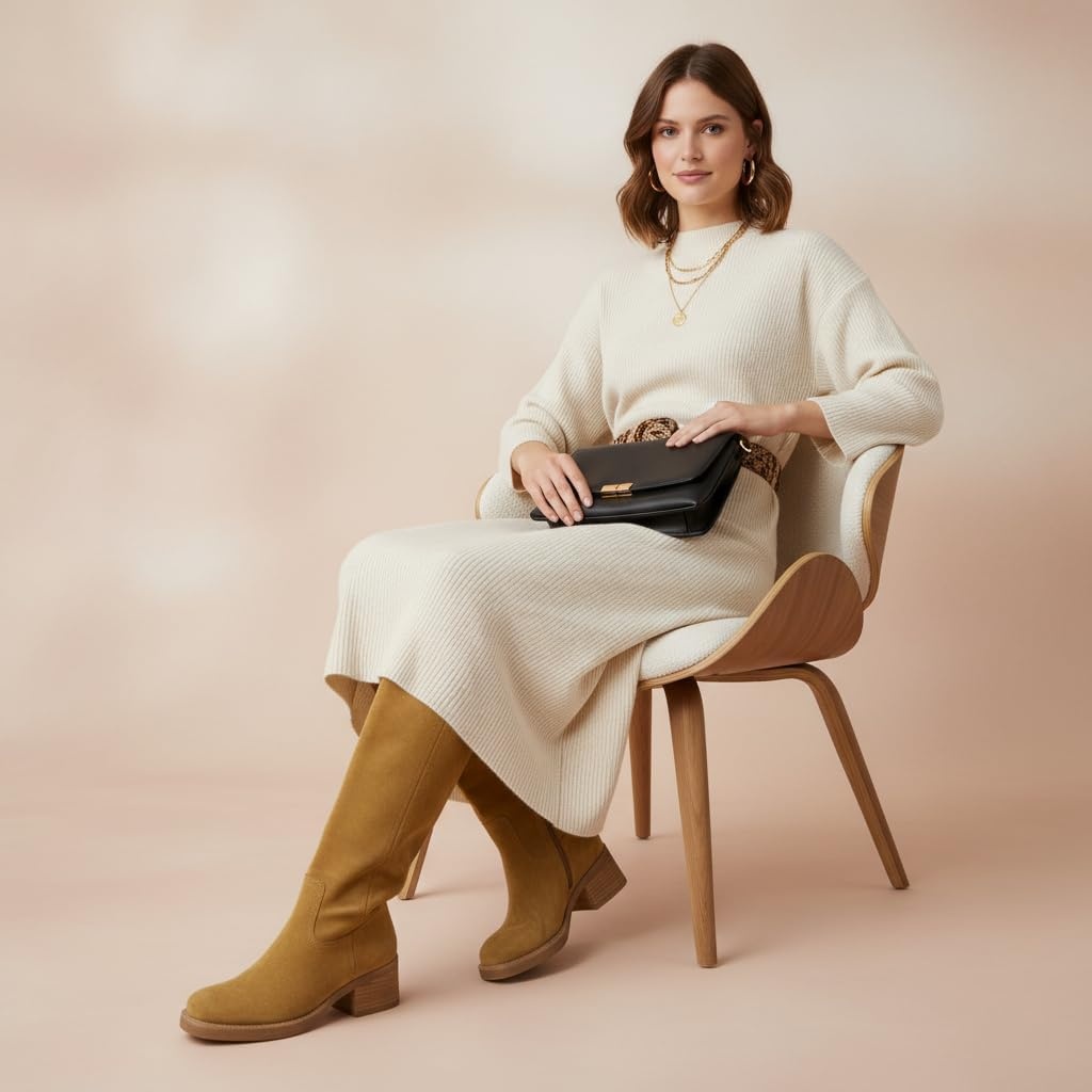 image:imageCUSHIONAIRE Sawyer Genuine Leather Tall Chunky Heel Womens Boots Pull On Casual Knee High Boots for WomenCamel