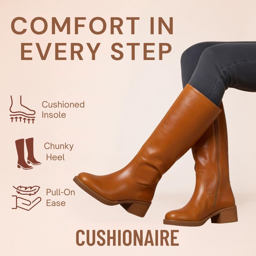 image:imageCUSHIONAIRE Sawyer Genuine Leather Tall Chunky Heel Womens Boots Pull On Casual Knee High Boots for WomenSaddle