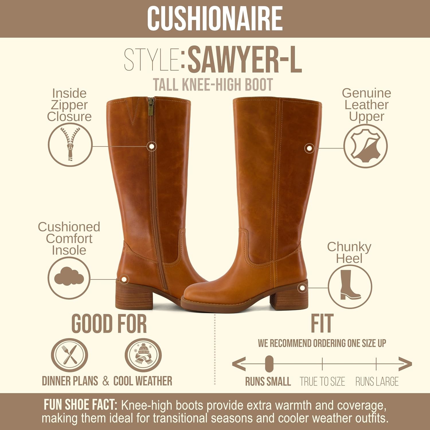 image:imageCUSHIONAIRE Sawyer Genuine Leather Tall Chunky Heel Womens Boots Pull On Casual Knee High Boots for WomenSaddle