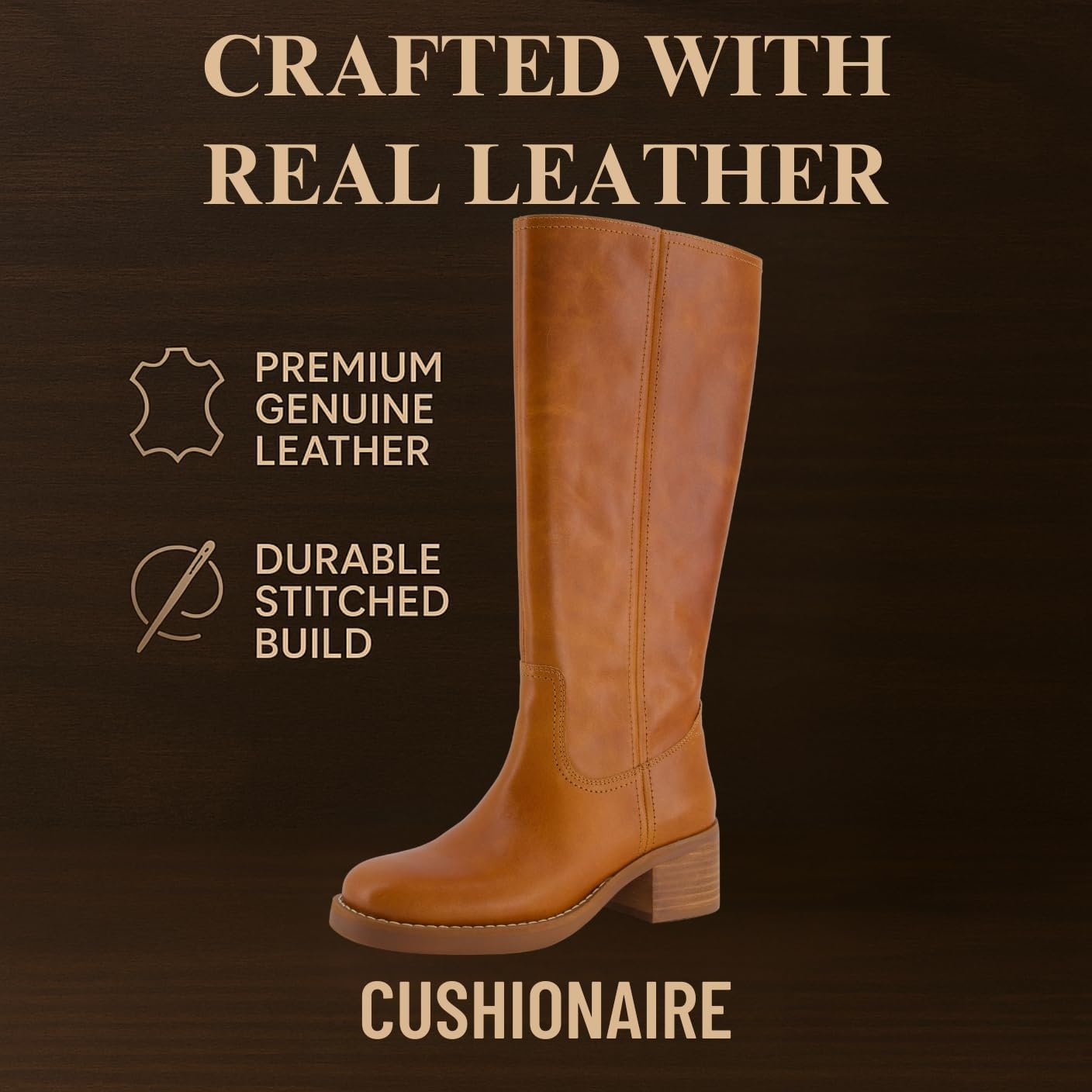 image:imageCUSHIONAIRE Sawyer Genuine Leather Tall Chunky Heel Womens Boots Pull On Casual Knee High Boots for WomenSaddle