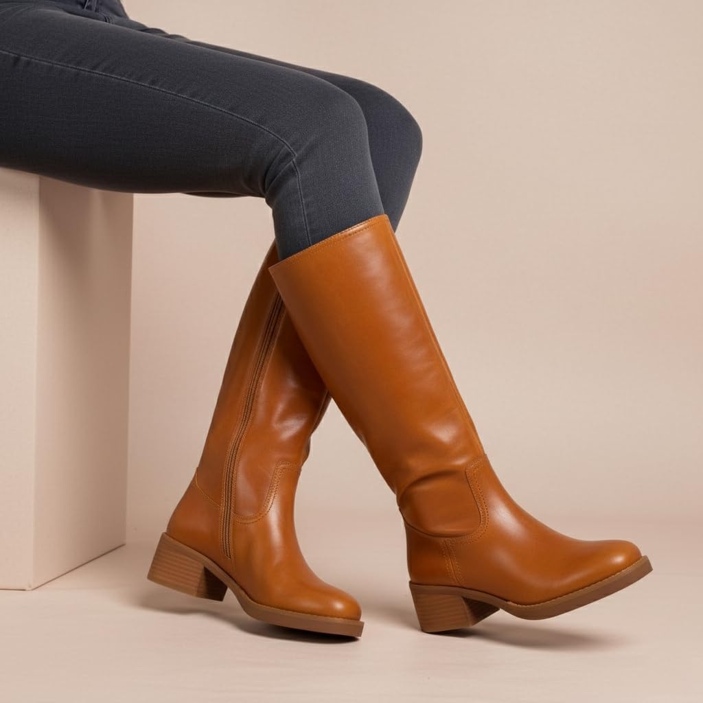 image:imageCUSHIONAIRE Sawyer Genuine Leather Tall Chunky Heel Womens Boots Pull On Casual Knee High Boots for WomenSaddle