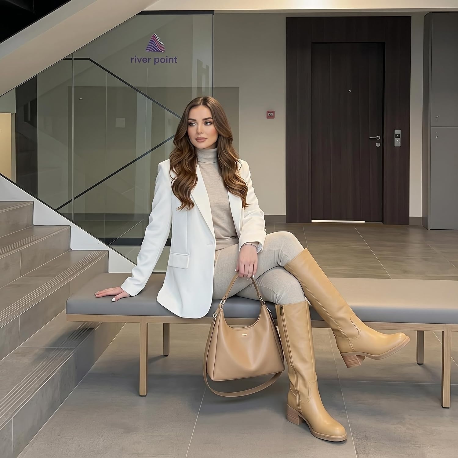 image:imageCUSHIONAIRE Sawyer Tall Chunky Heel Womens Boots Pull On Casual Knee High Boots for WomenHoney