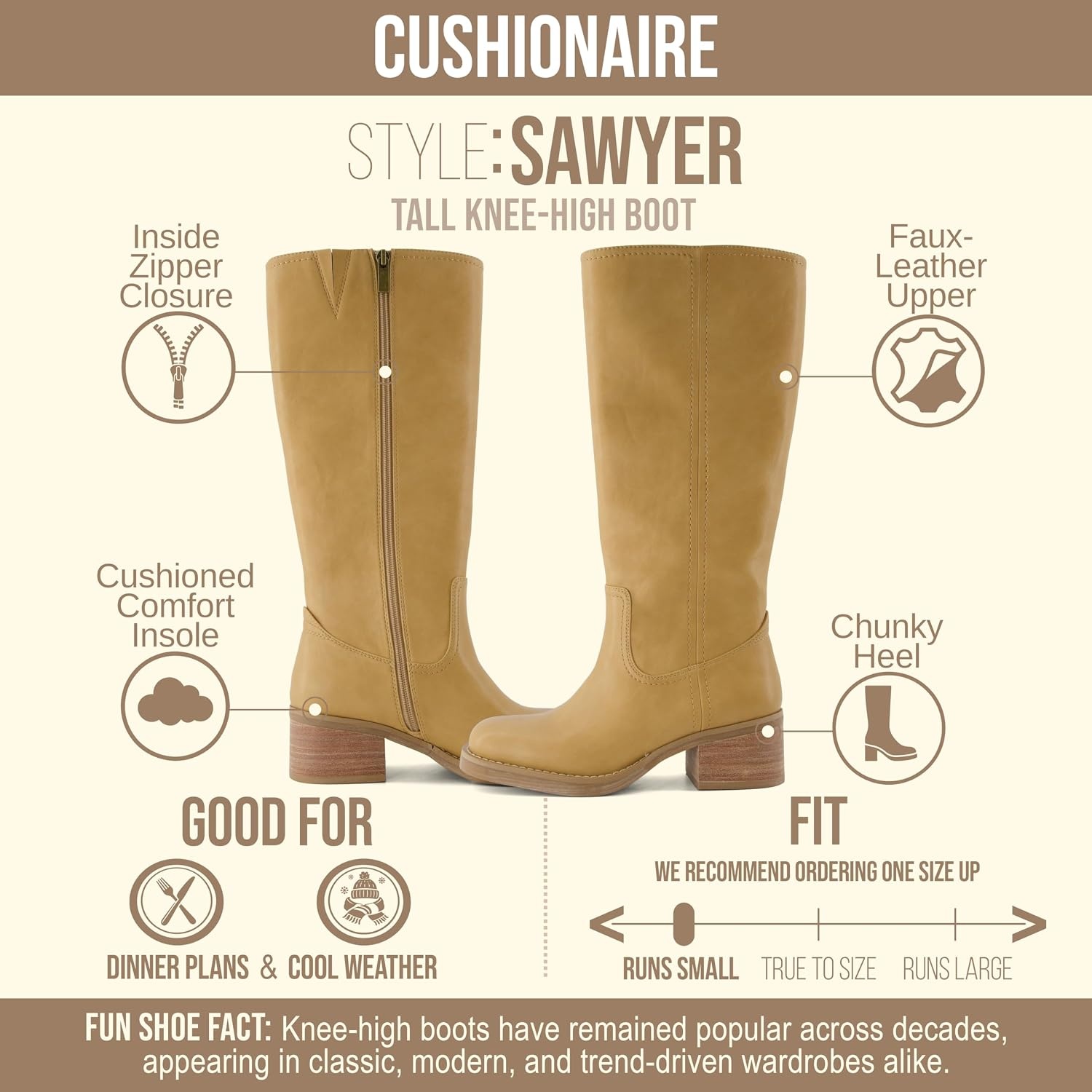 image:imageCUSHIONAIRE Sawyer Tall Chunky Heel Womens Boots Pull On Casual Knee High Boots for WomenHoney