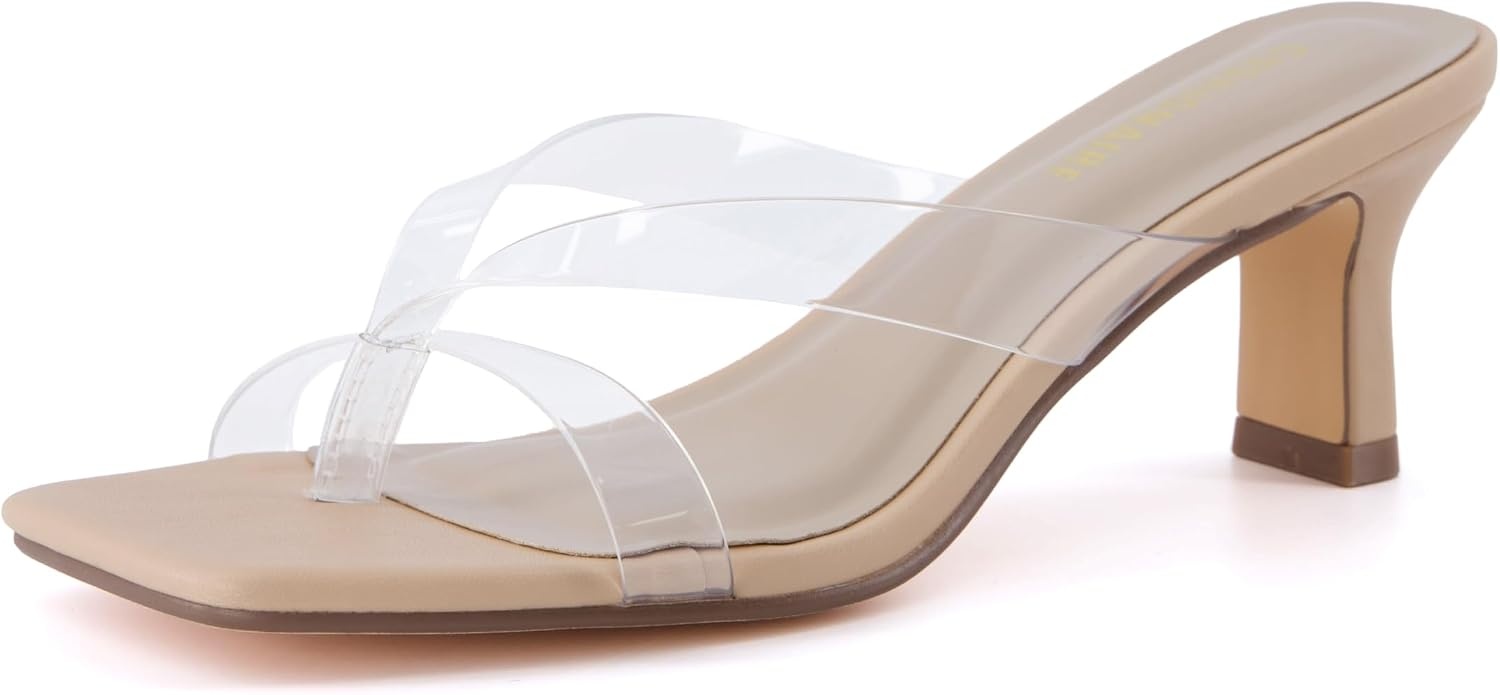 image:imageCUSHIONAIRE Shana Clear Jelly Strap Heels for Women Flared Kitten Heel Slide with Cushioned Footbed and Split ToeClear