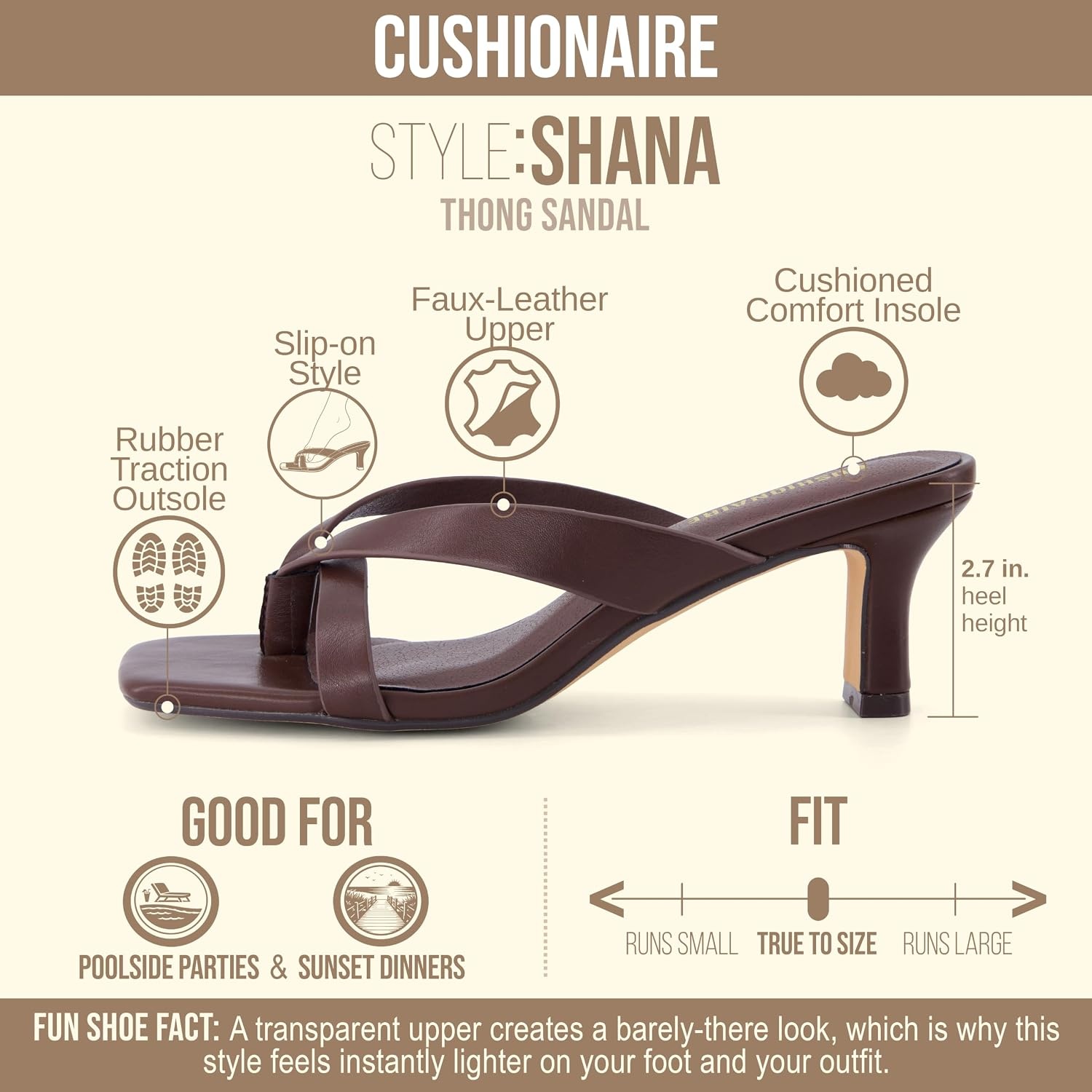 image:imageCUSHIONAIRE Shana Clear Jelly Strap Heels for Women Flared Kitten Heel Slide with Cushioned Footbed and Split ToeSmooth Chocolate