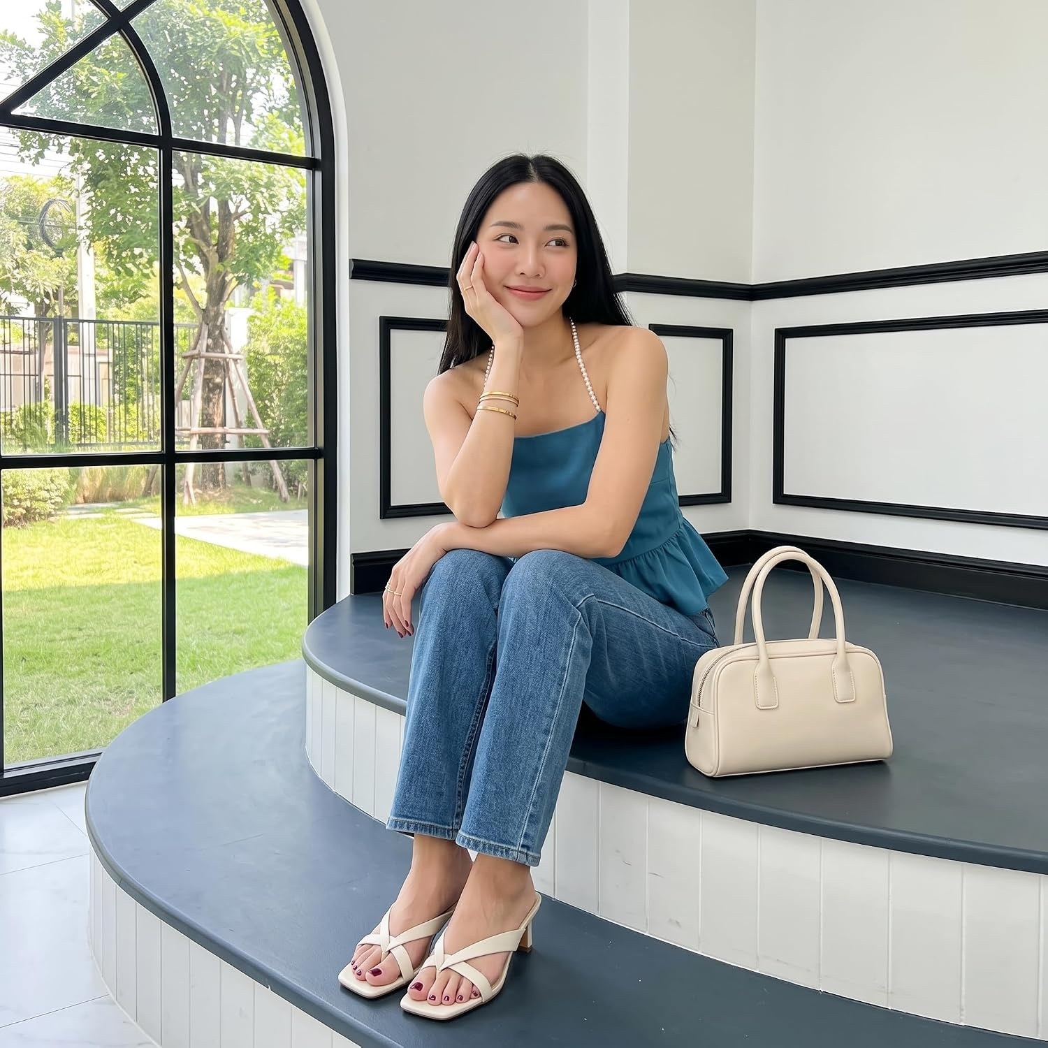 image:imageCUSHIONAIRE Shana Clear Jelly Strap Heels for Women Flared Kitten Heel Slide with Cushioned Footbed and Split ToeSmooth Cream